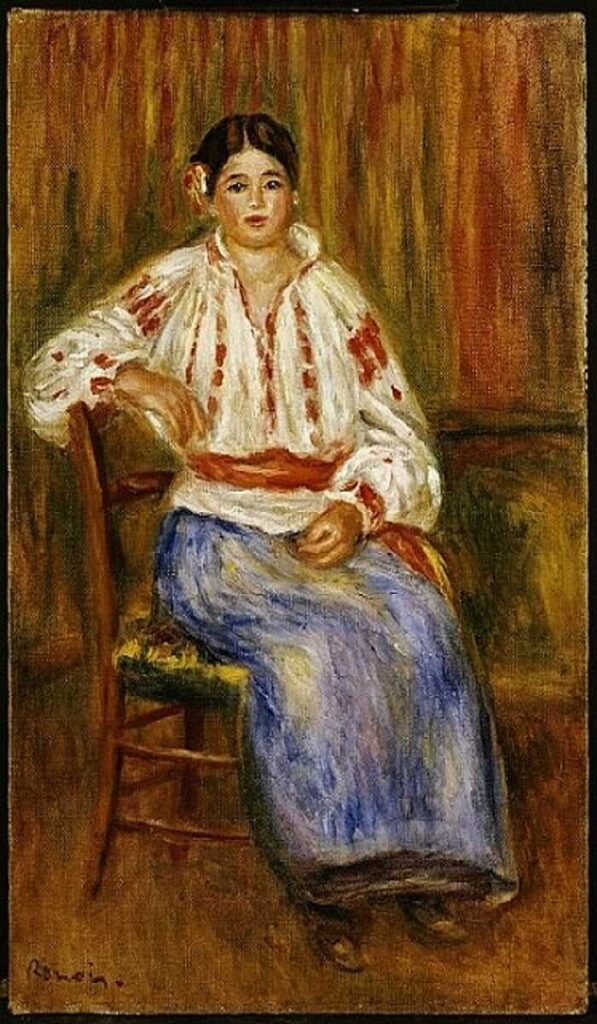 Istoria iei românești și transformările sale, de-a lungul timpului_ia in lumina reflectoarelor_tablou femeie in ie de Pierre-Auguste Renoir