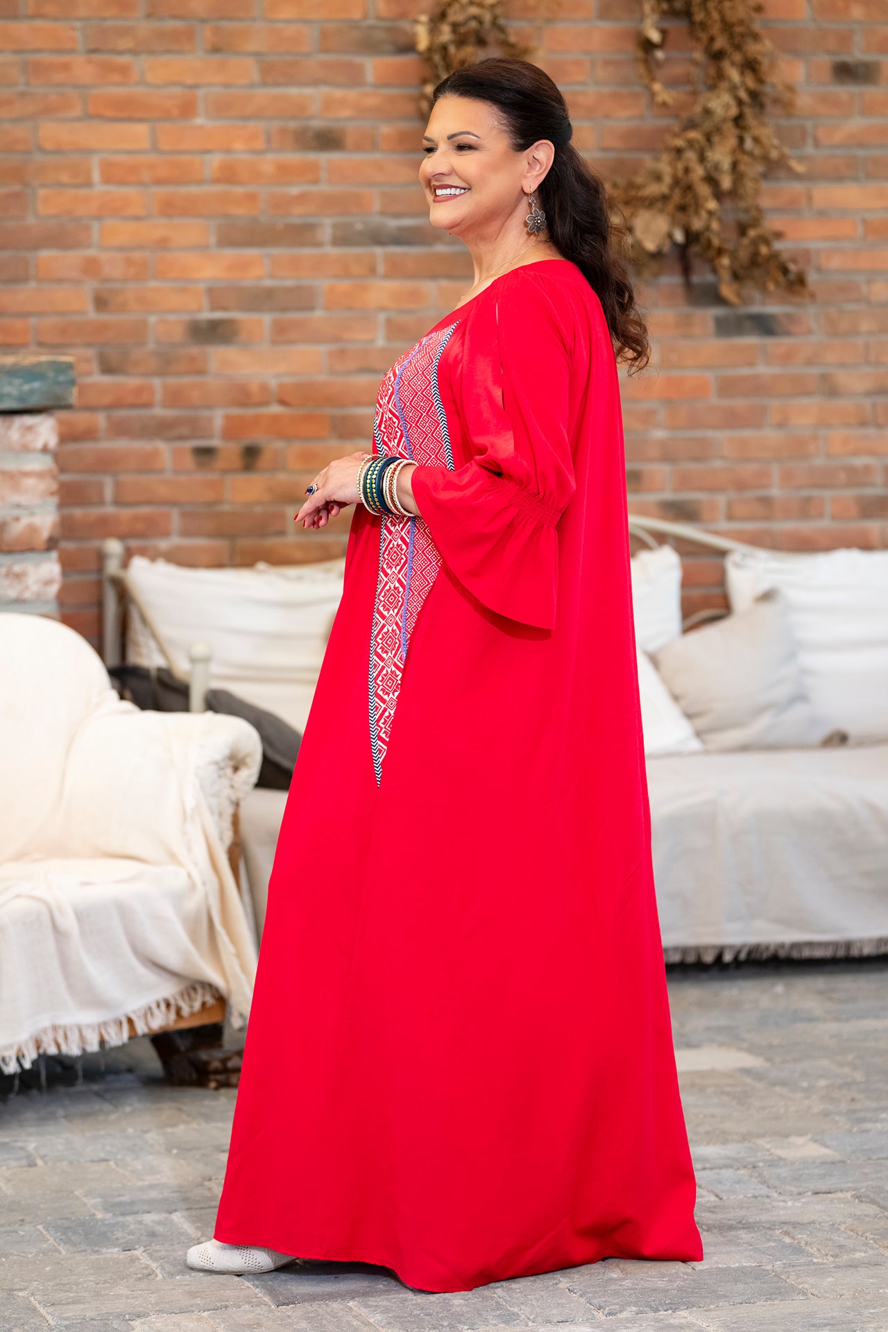 Rochia lungă roșie din in și jacquard țesut Ivoneta