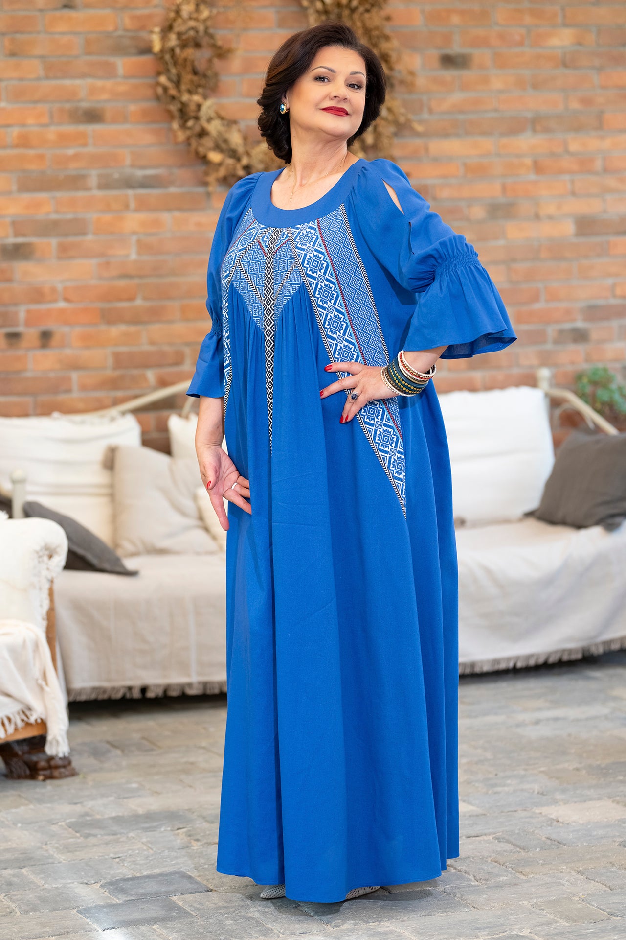 Rochia lungă albastră din in și jacquard țesut Polina
