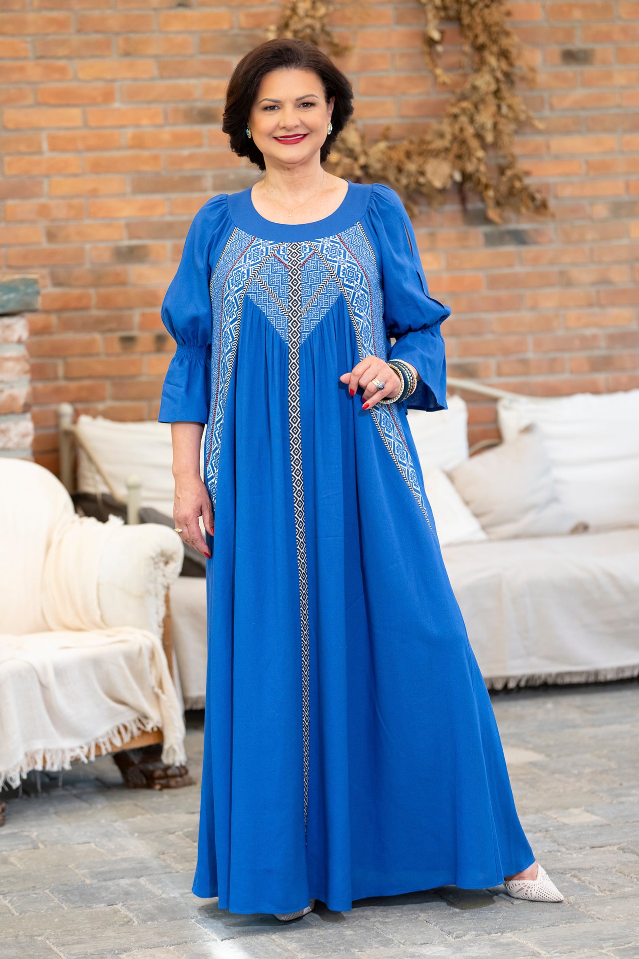 Rochia lungă albastră din in și jacquard țesut Polina