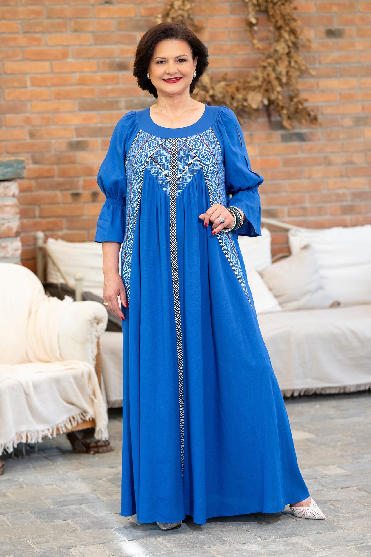 Rochia lungă albastră din in și jacquard țesut Polina
