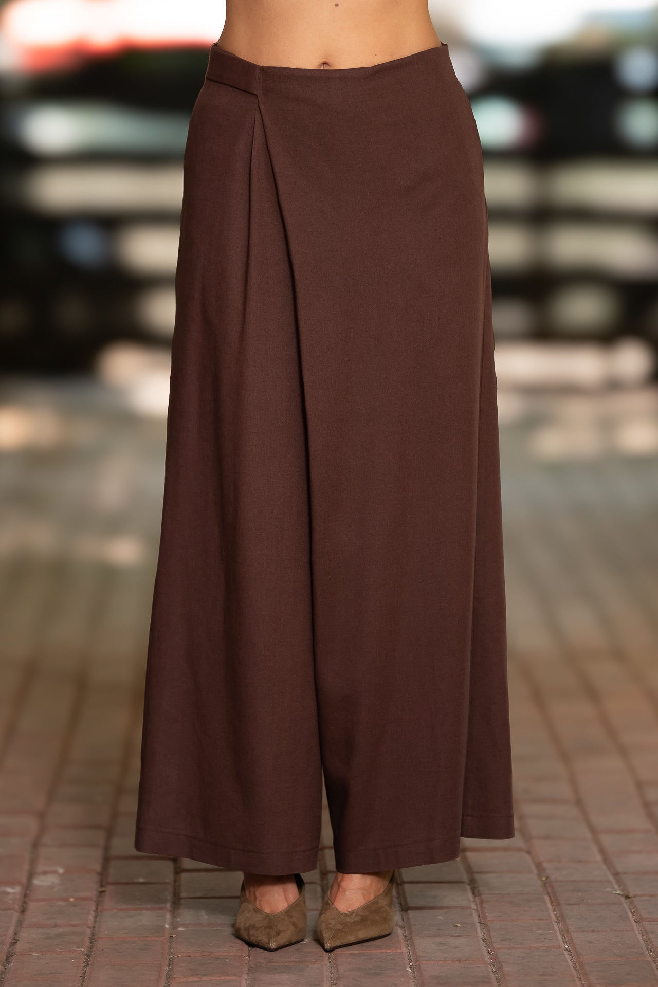 Fustă pantalon din in maro  cu buzunare laterale