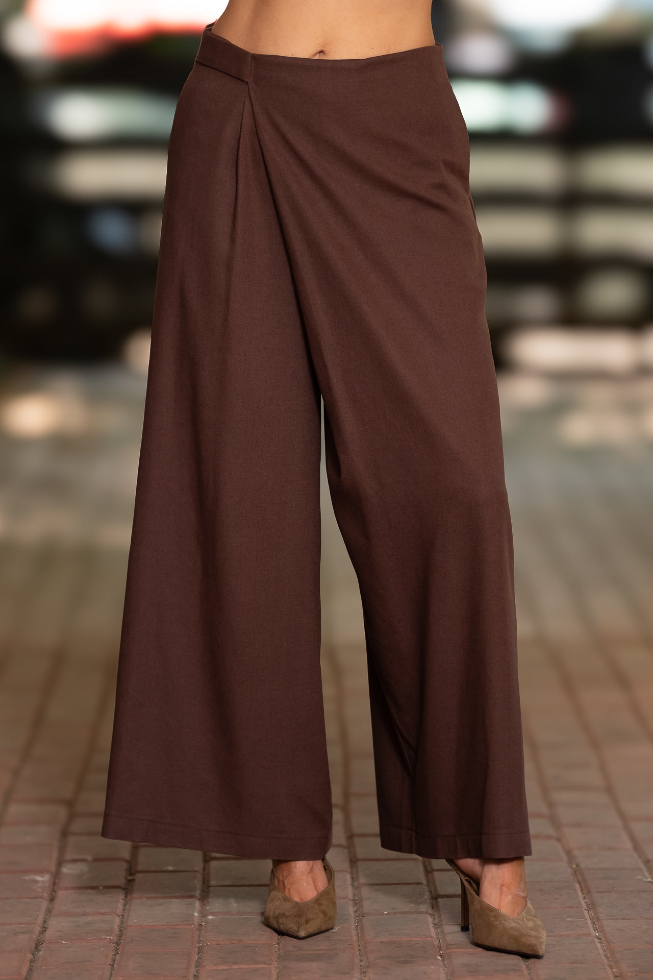 Fustă pantalon din in maro  cu buzunare laterale