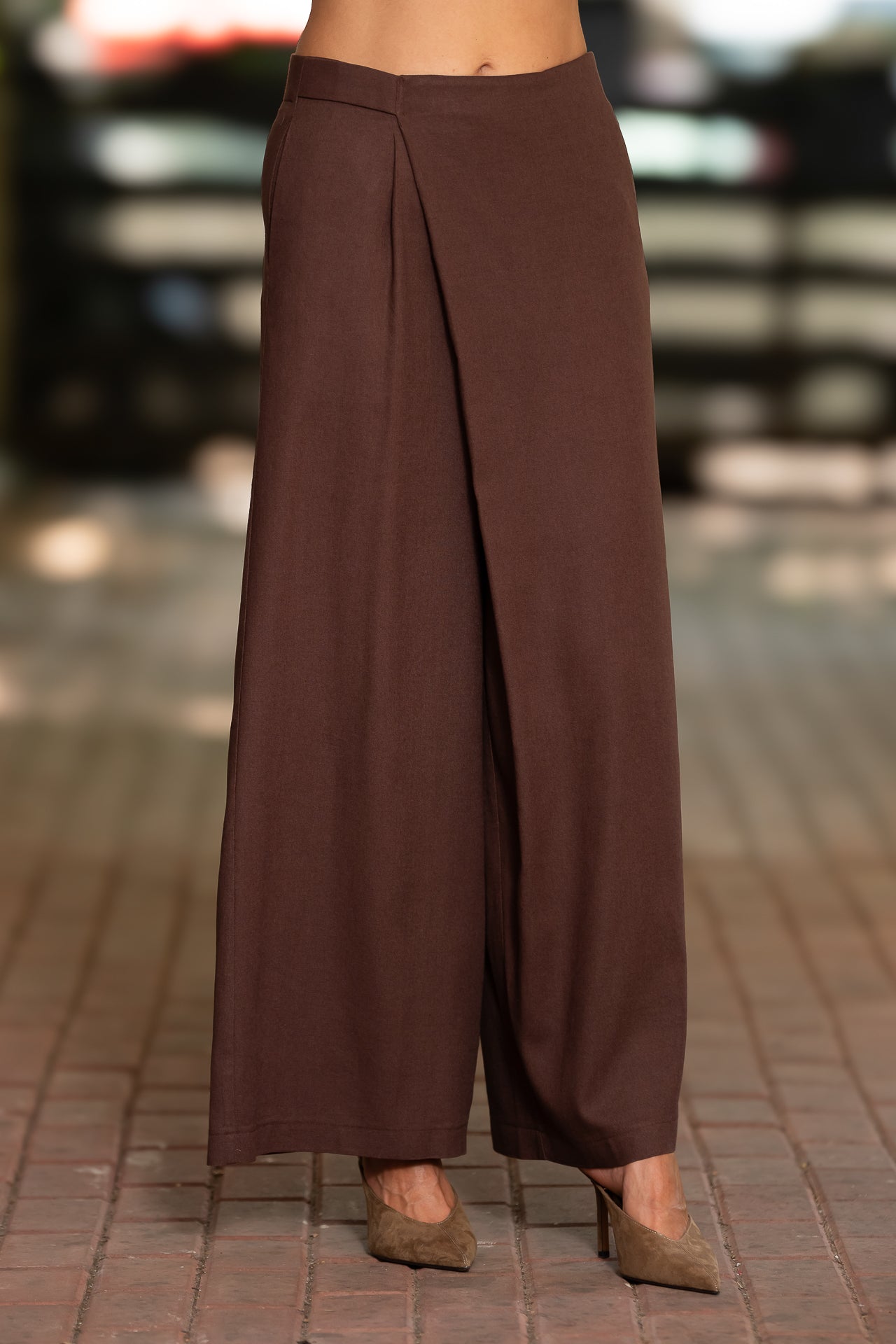 Fustă pantalon din in maro  cu buzunare laterale