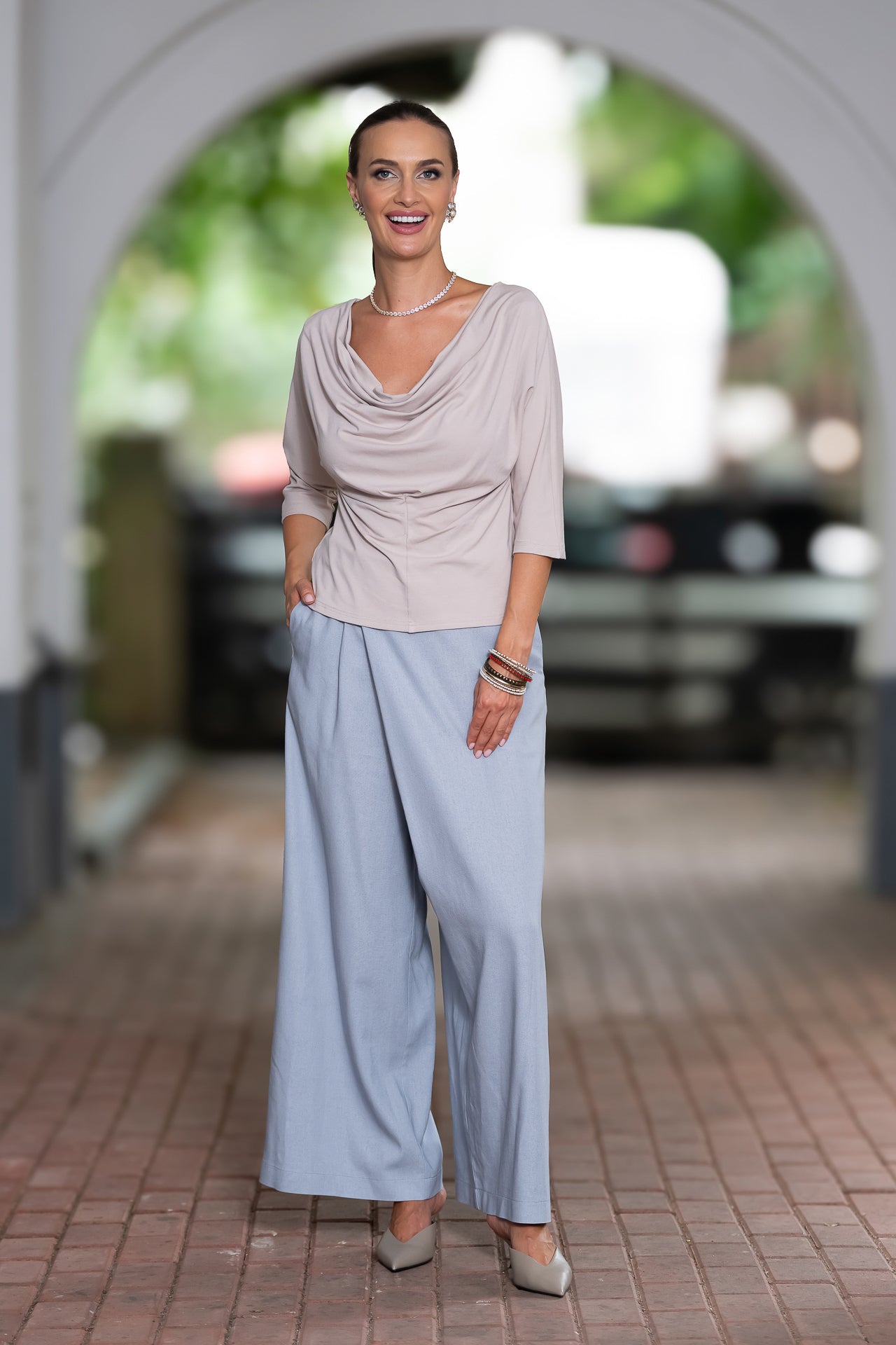 Fusta pantalon din in gri bleu cu buzunare laterale