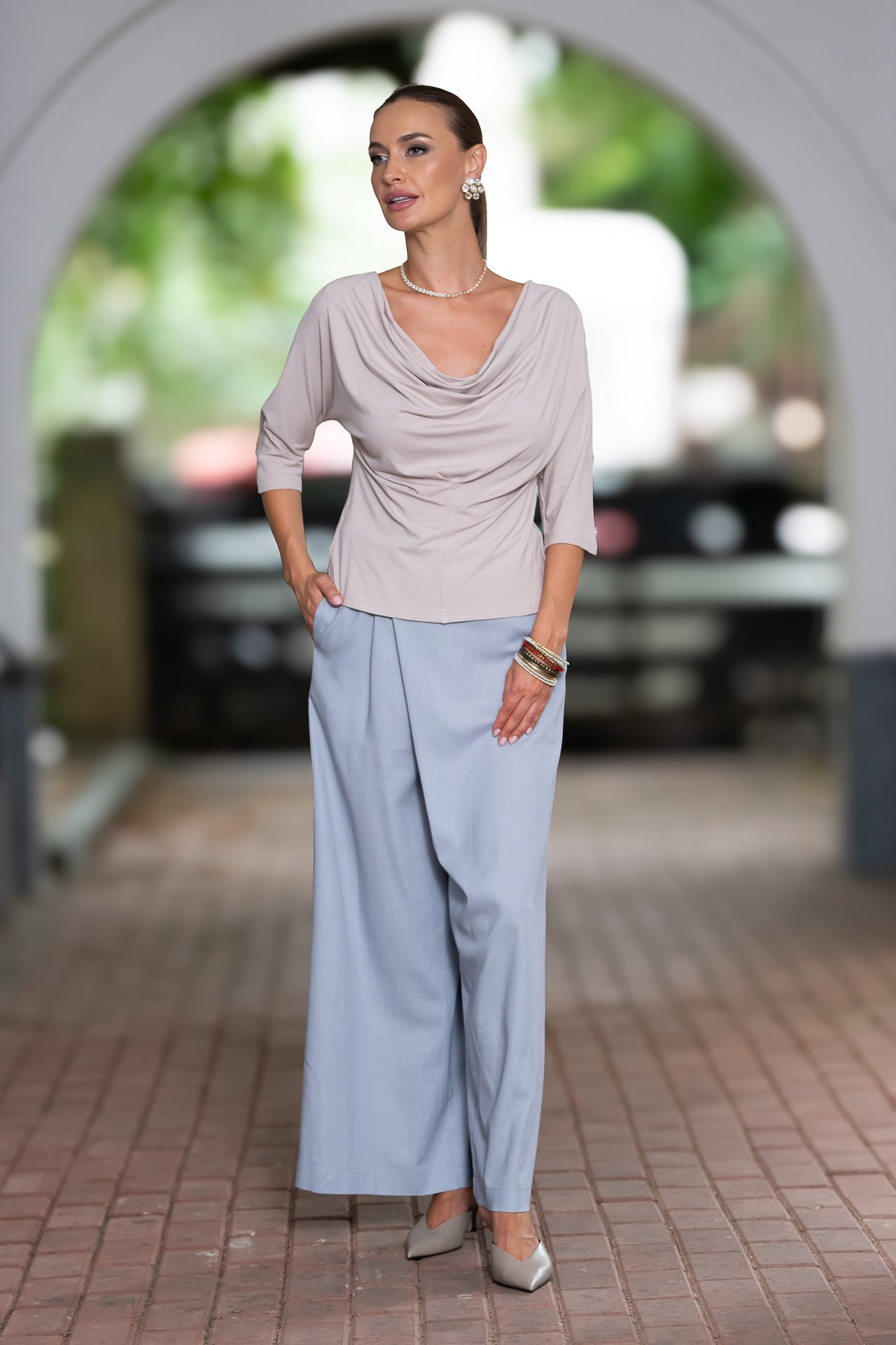 Fusta pantalon din in gri bleu cu buzunare laterale