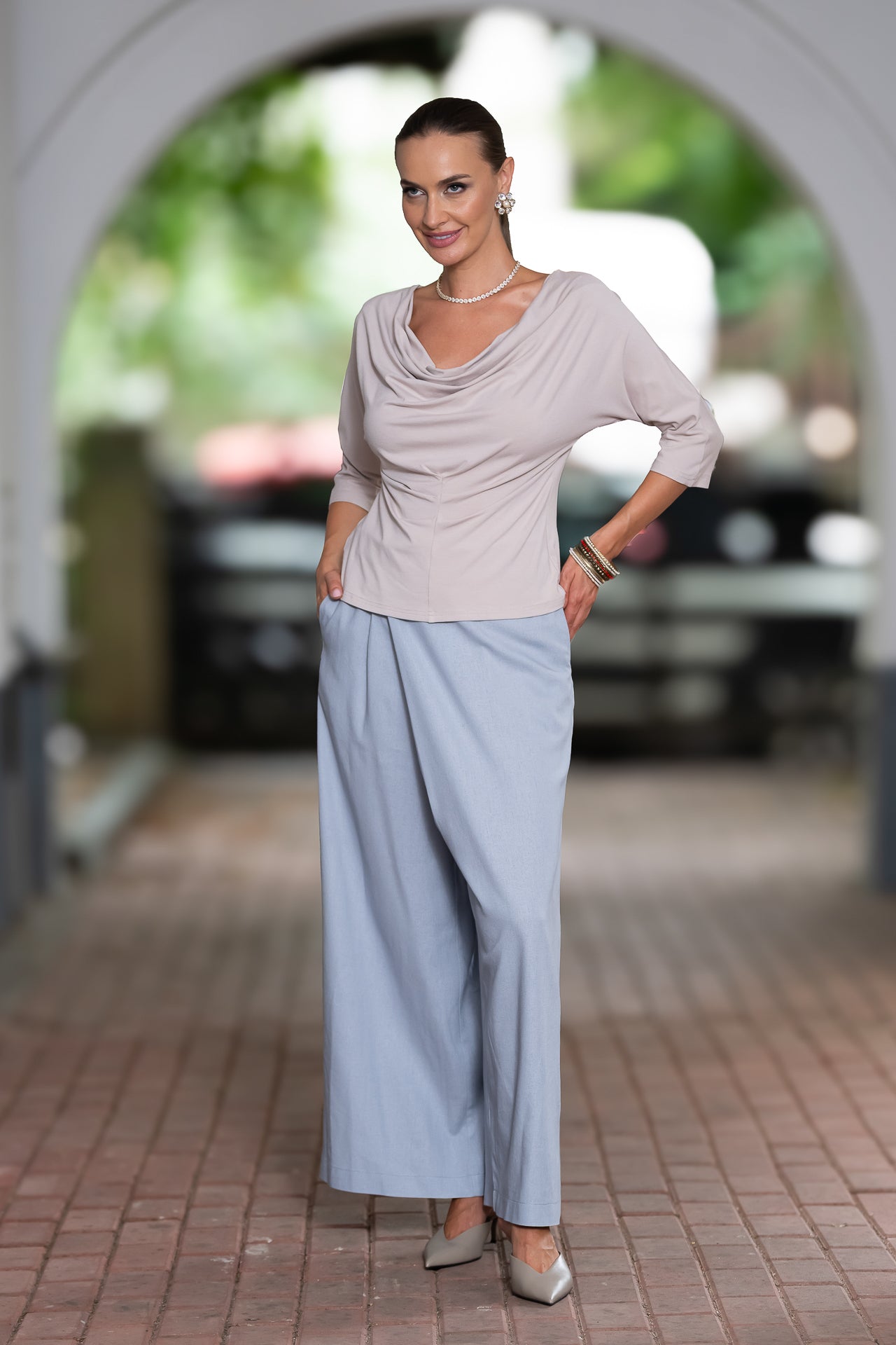 Fusta pantalon din in gri bleu cu buzunare laterale
