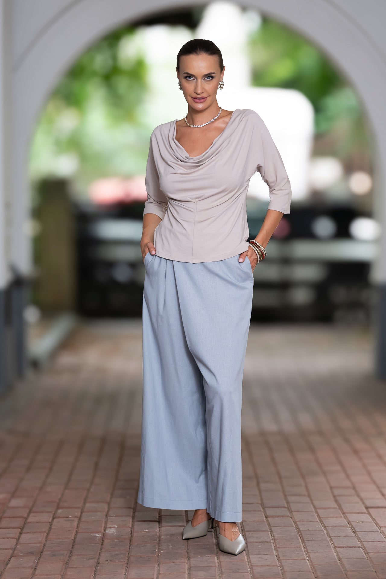 Fusta pantalon din in gri bleu cu buzunare laterale