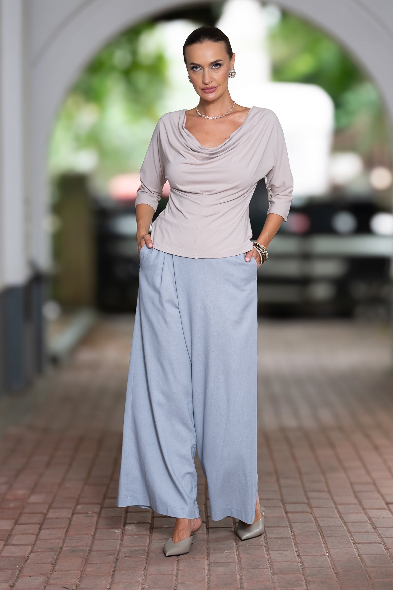 Fusta pantalon din in gri bleu cu buzunare laterale