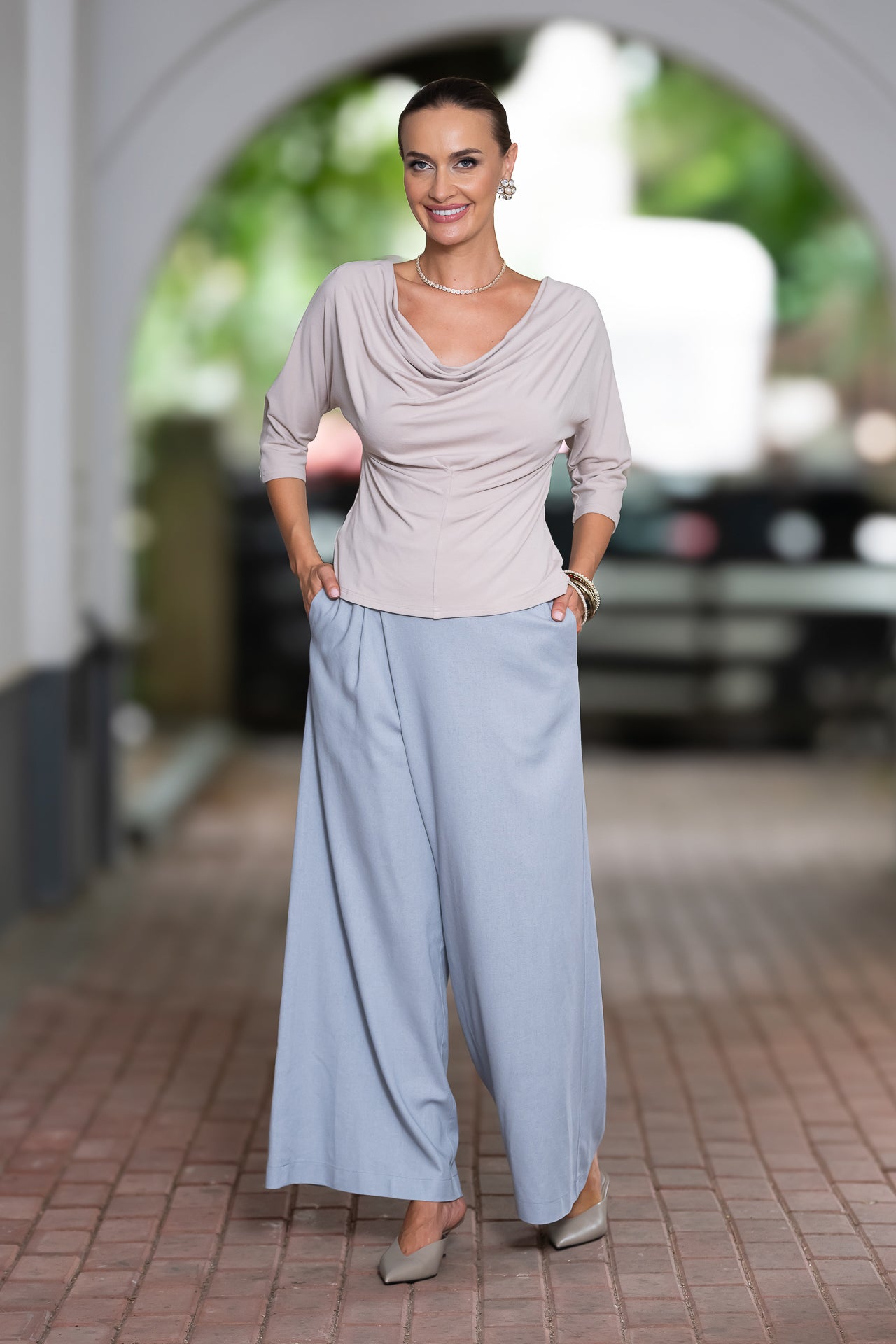 Fusta pantalon din in gri bleu cu buzunare laterale