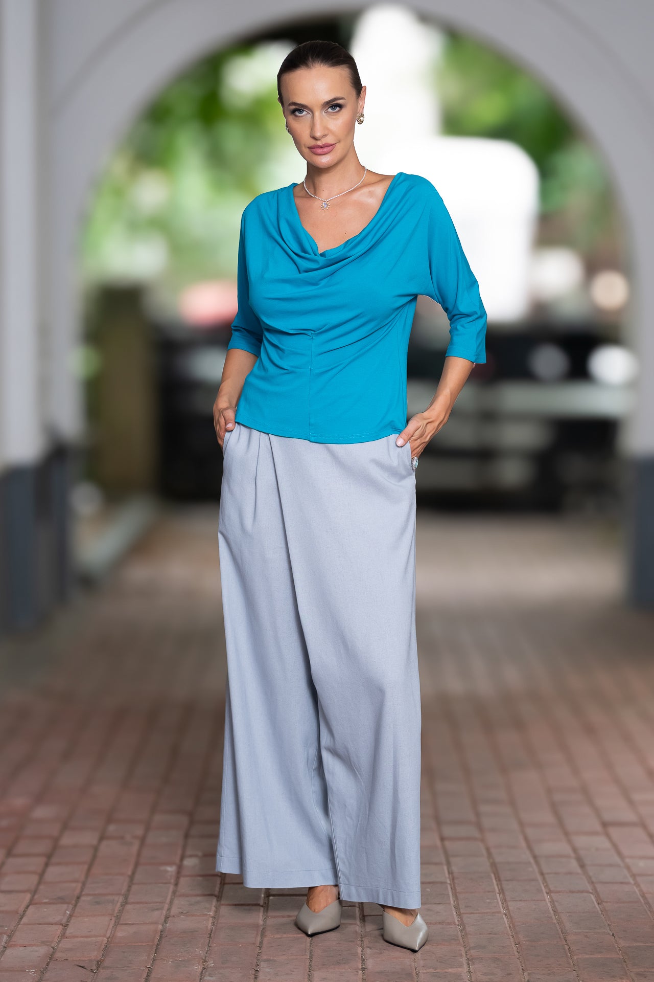 Fusta pantalon din in gri bleu cu buzunare laterale