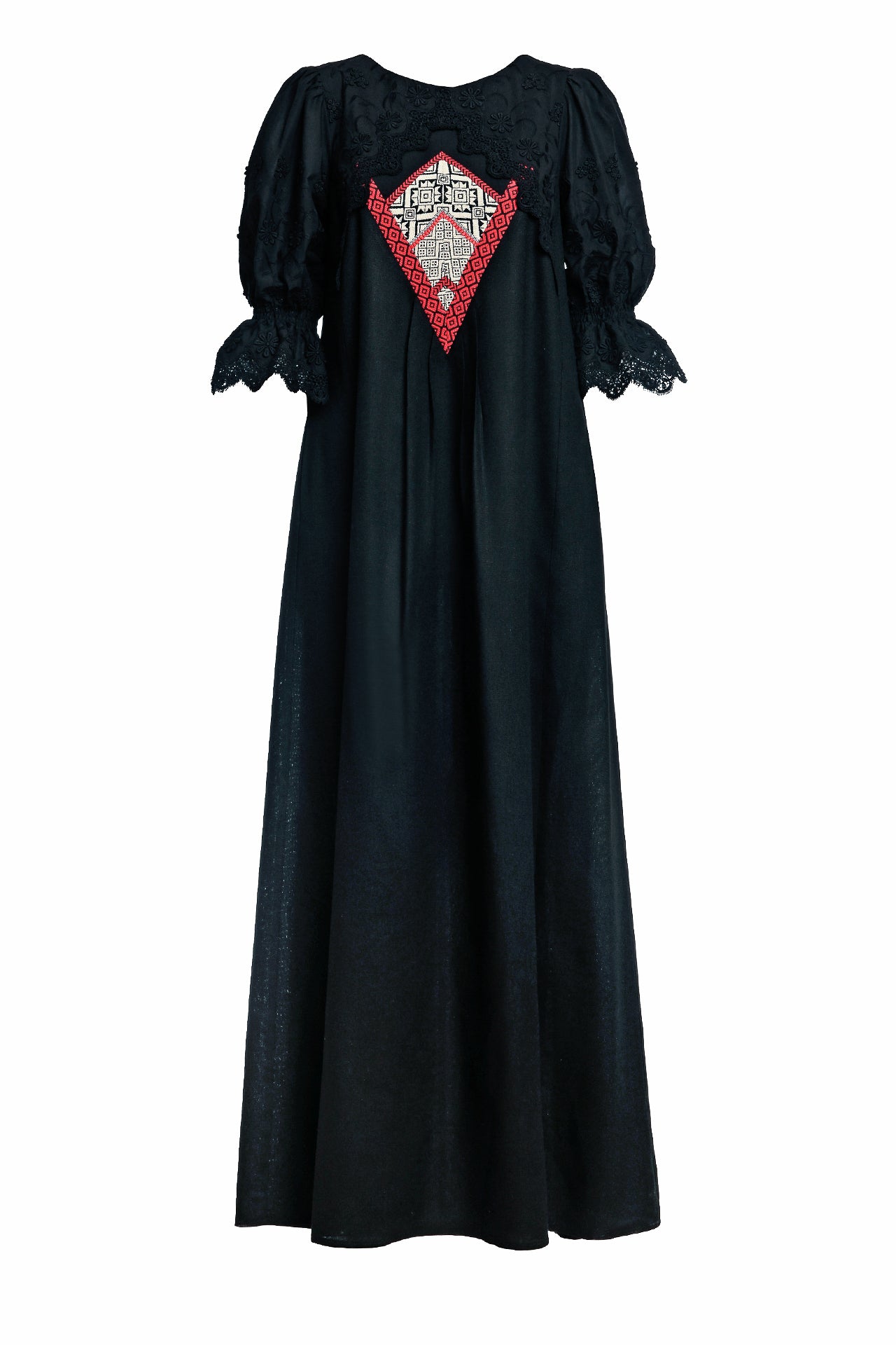 Rochie lungă neagră din in cu jacquard țesut și broderie tridimensională