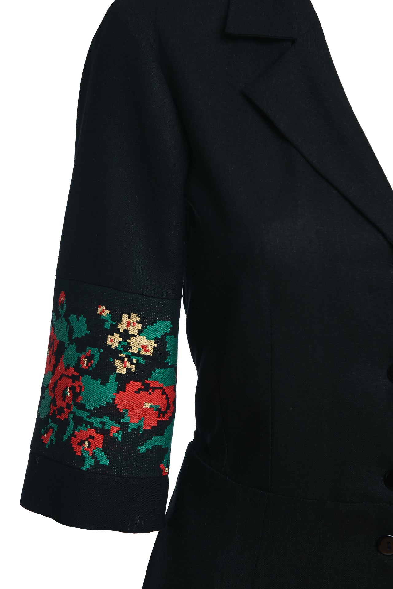 Rochia în clini neagră din in cu broderie florală țesută