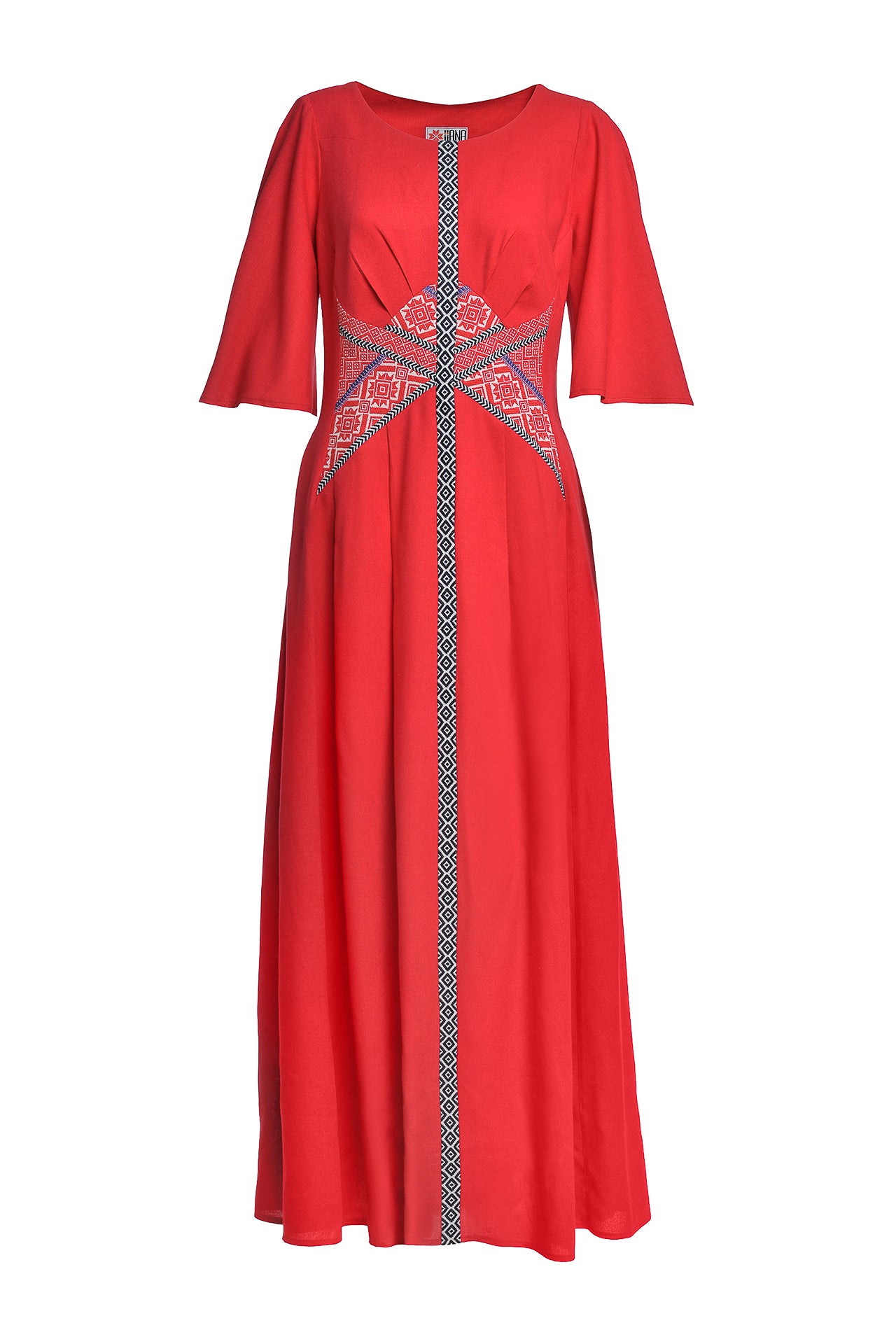 Rochie lungă din in roșu și corseletă din jacquard tradițional