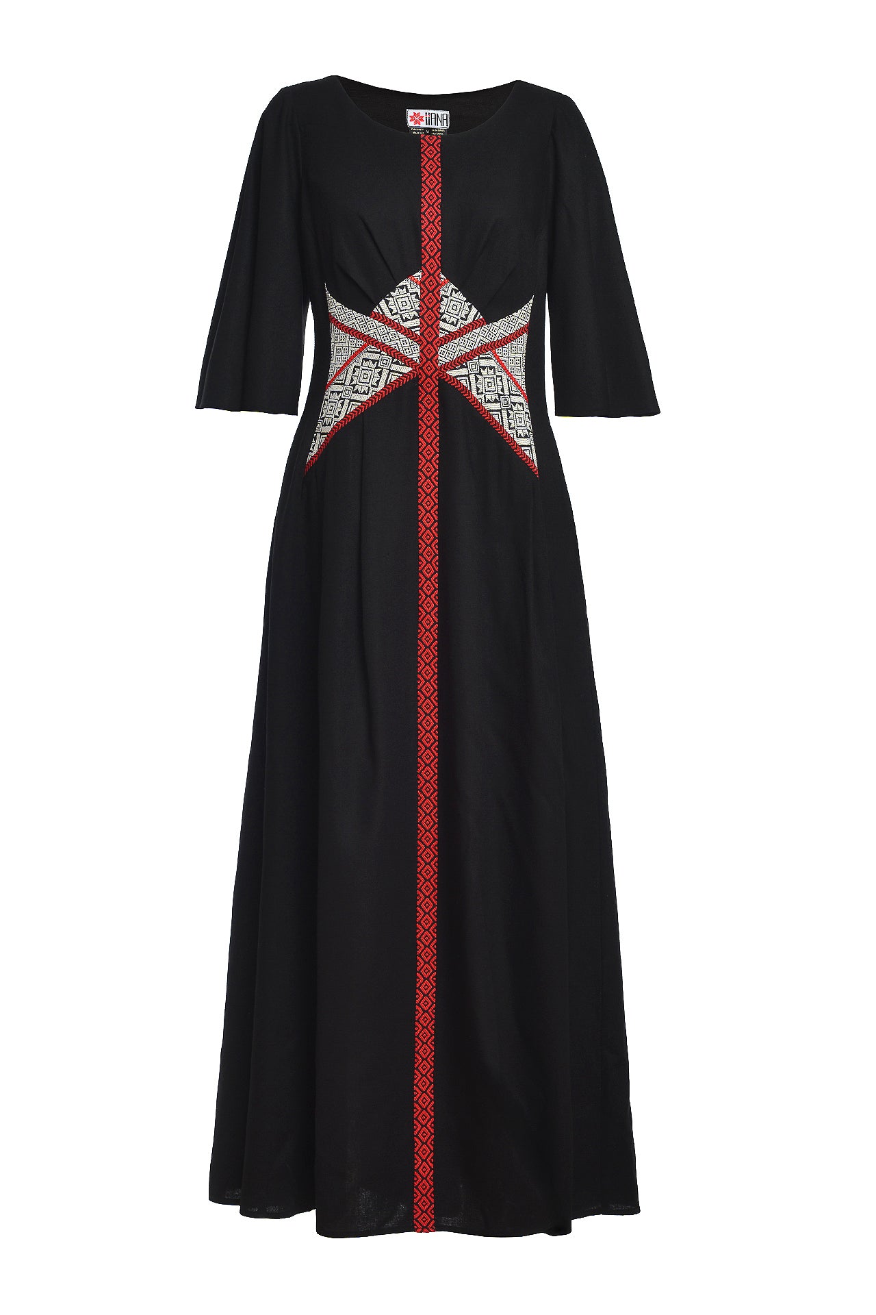 Rochie lungă din in negru și corseletă din jacquard tradițional