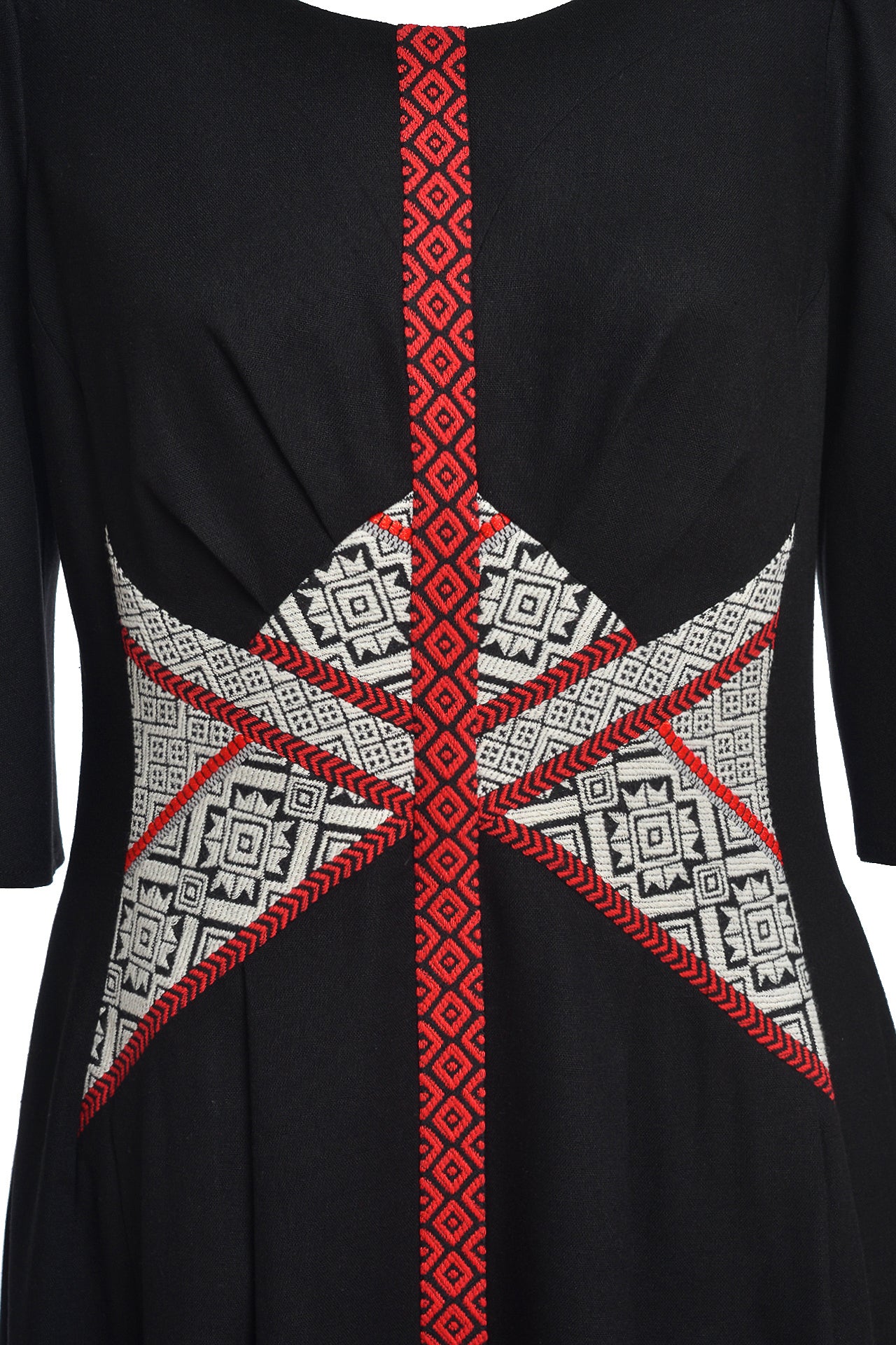 Rochie lungă din in negru și corseletă din jacquard tradițional