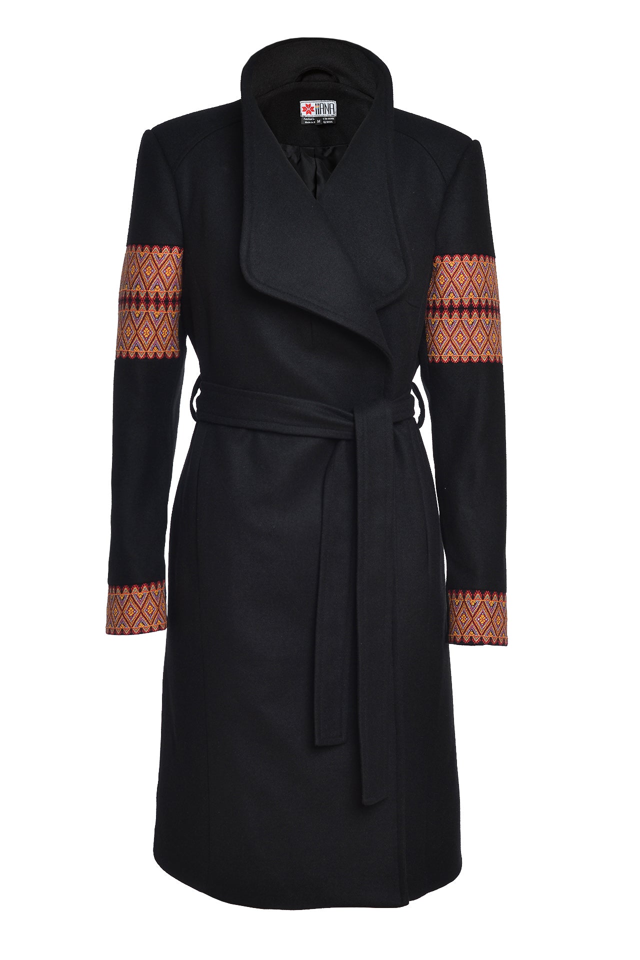 Palton midi din stofă de lână cu jacquard etnic tricolor