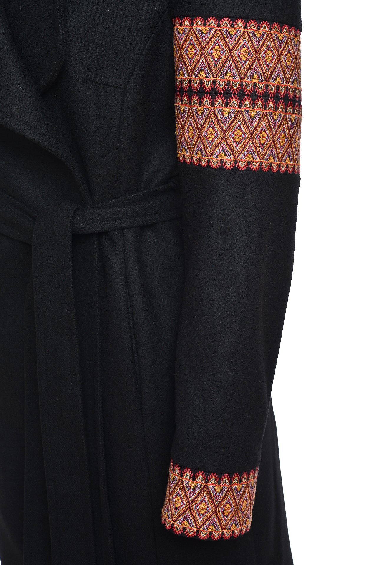 Palton midi din stofă de lână cu jacquard etnic tricolor
