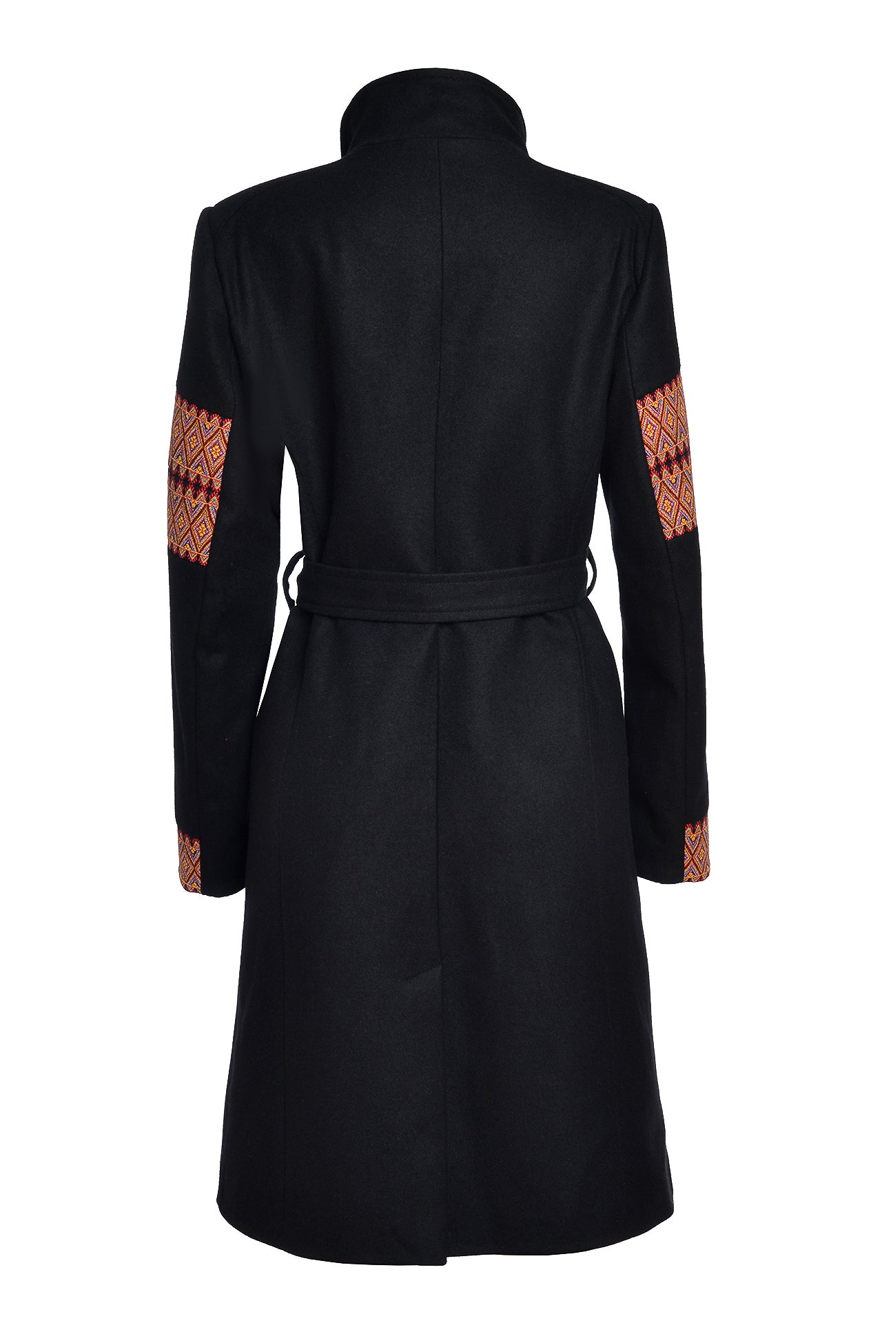 Palton midi din stofă de lână cu jacquard etnic tricolor