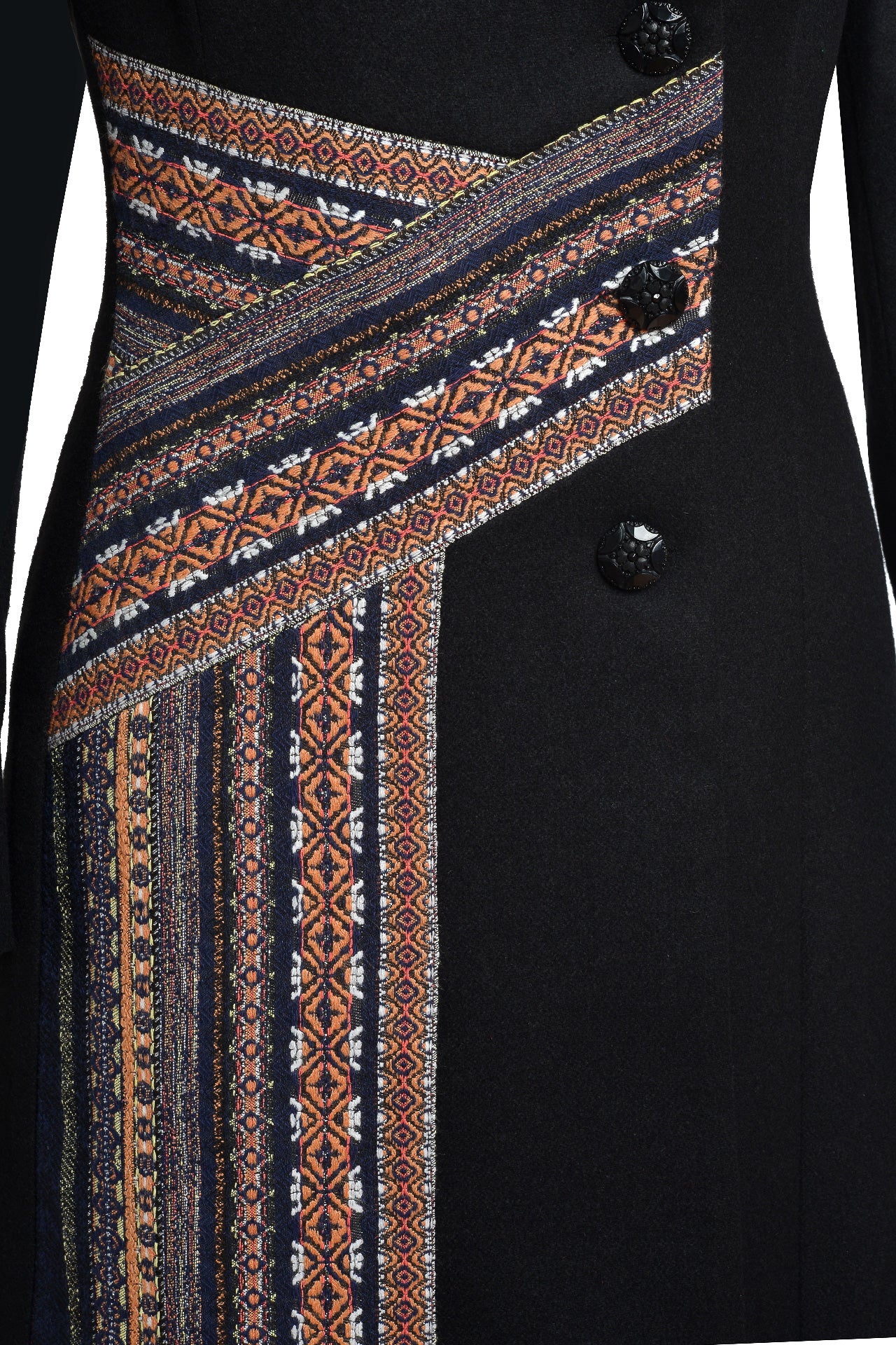 Palton negru cu fotă din jacquard țesut cu motive tradiționale