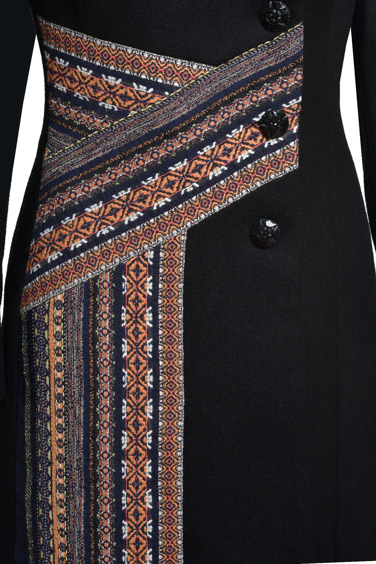 Palton negru cu fotă din jacquard țesut cu motive tradiționale
