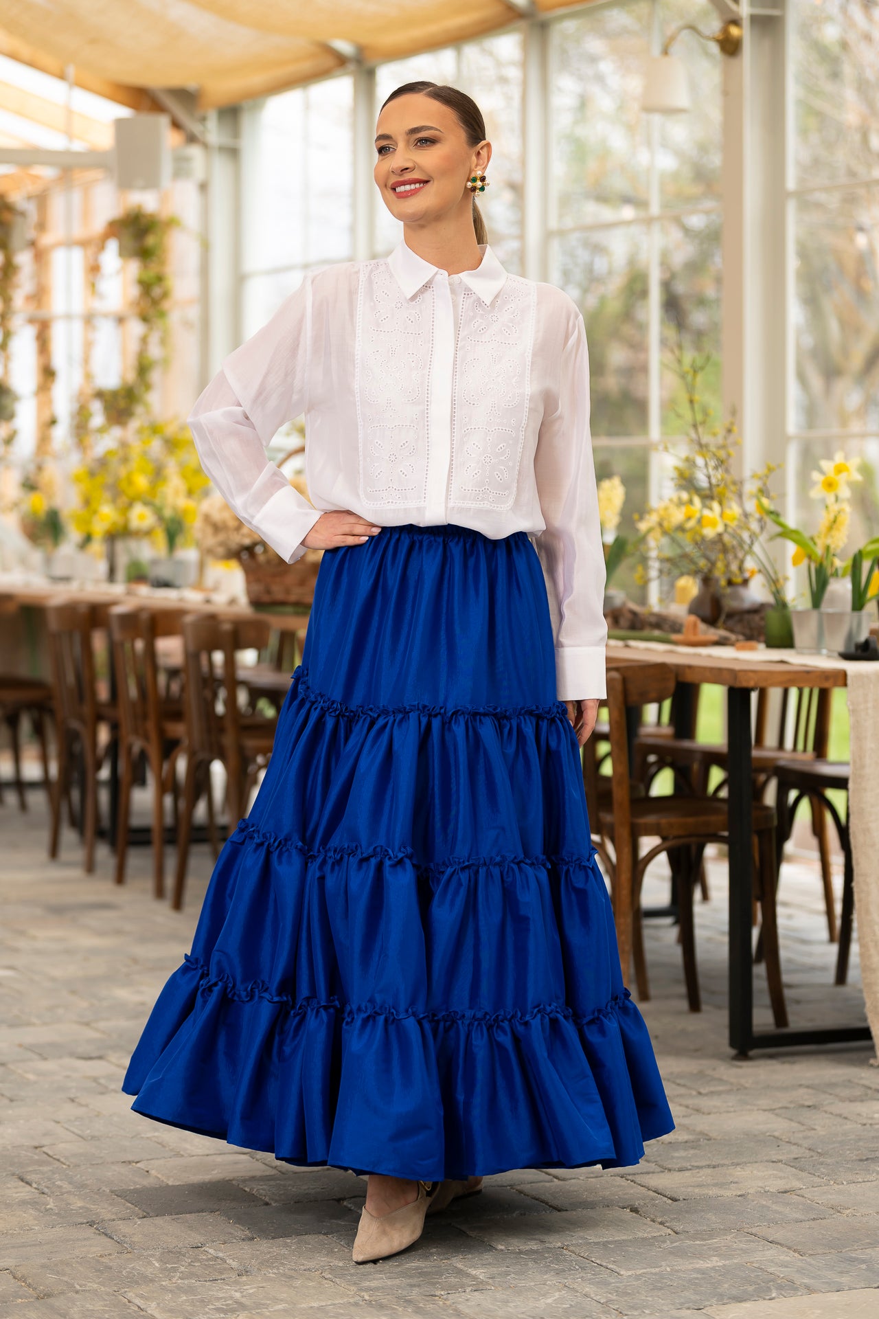 Fusta albastru royal boho din tafta cu volane
