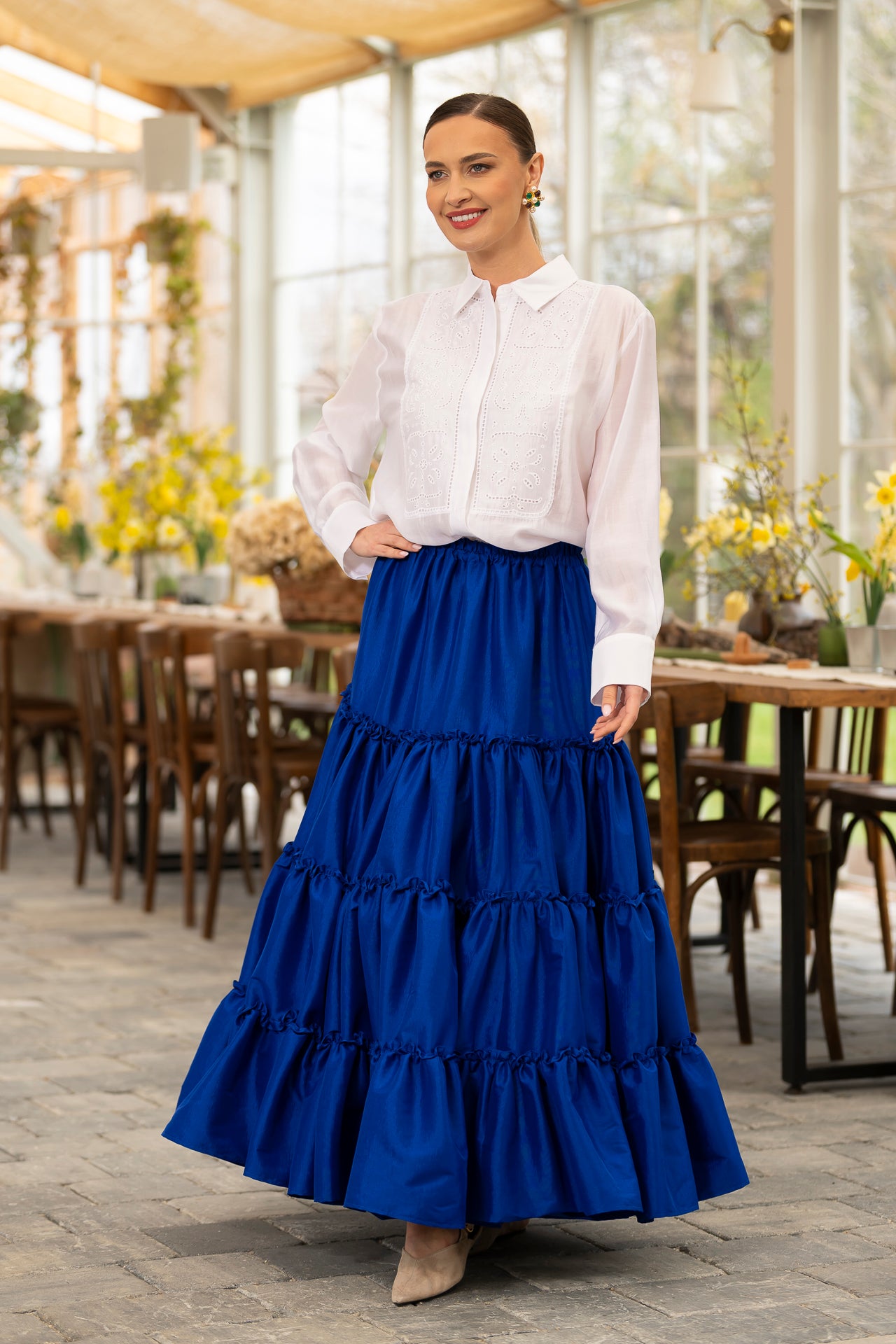 Fusta albastru royal boho din tafta cu volane