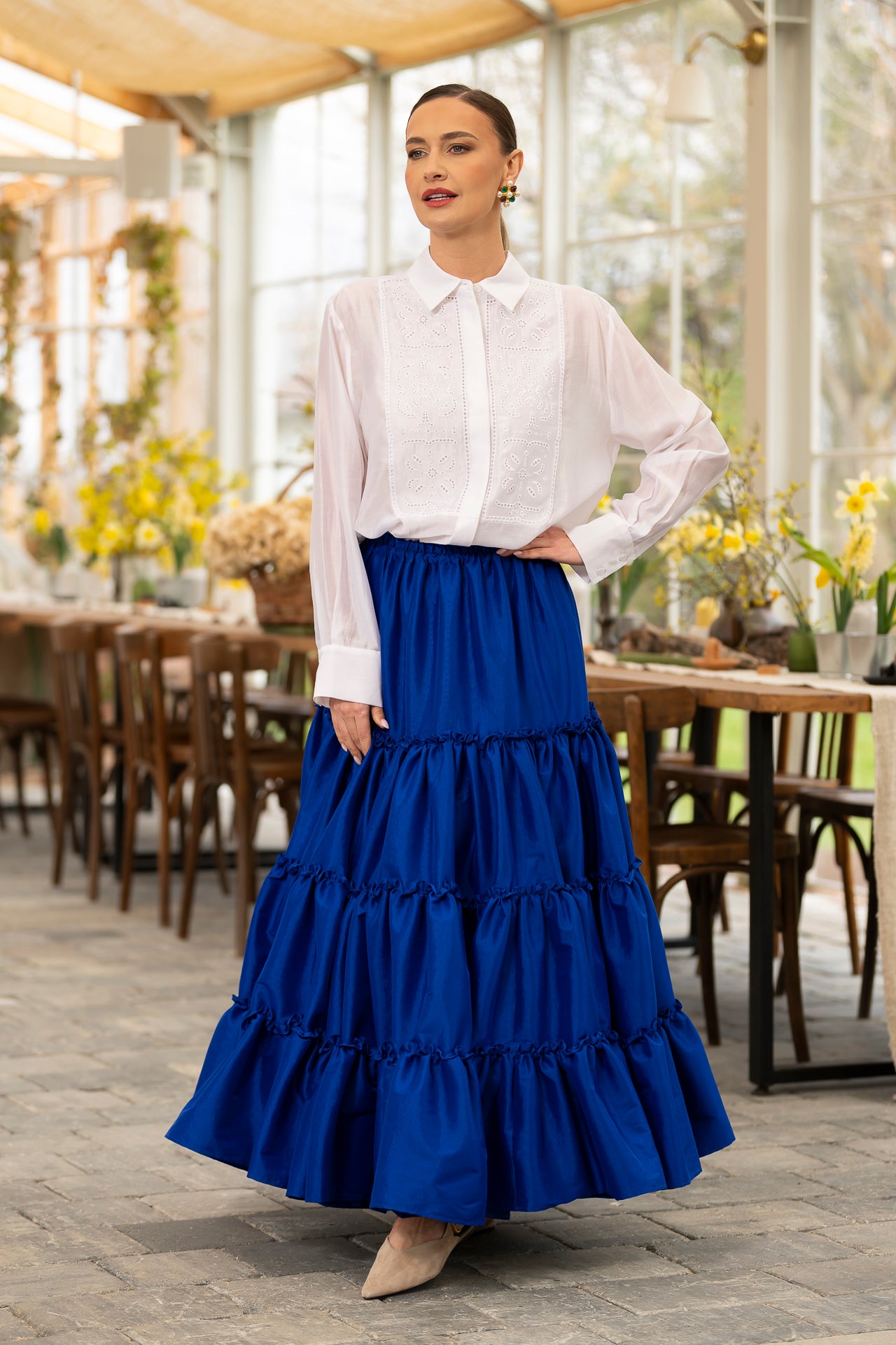 Fusta albastru royal boho din tafta cu volane