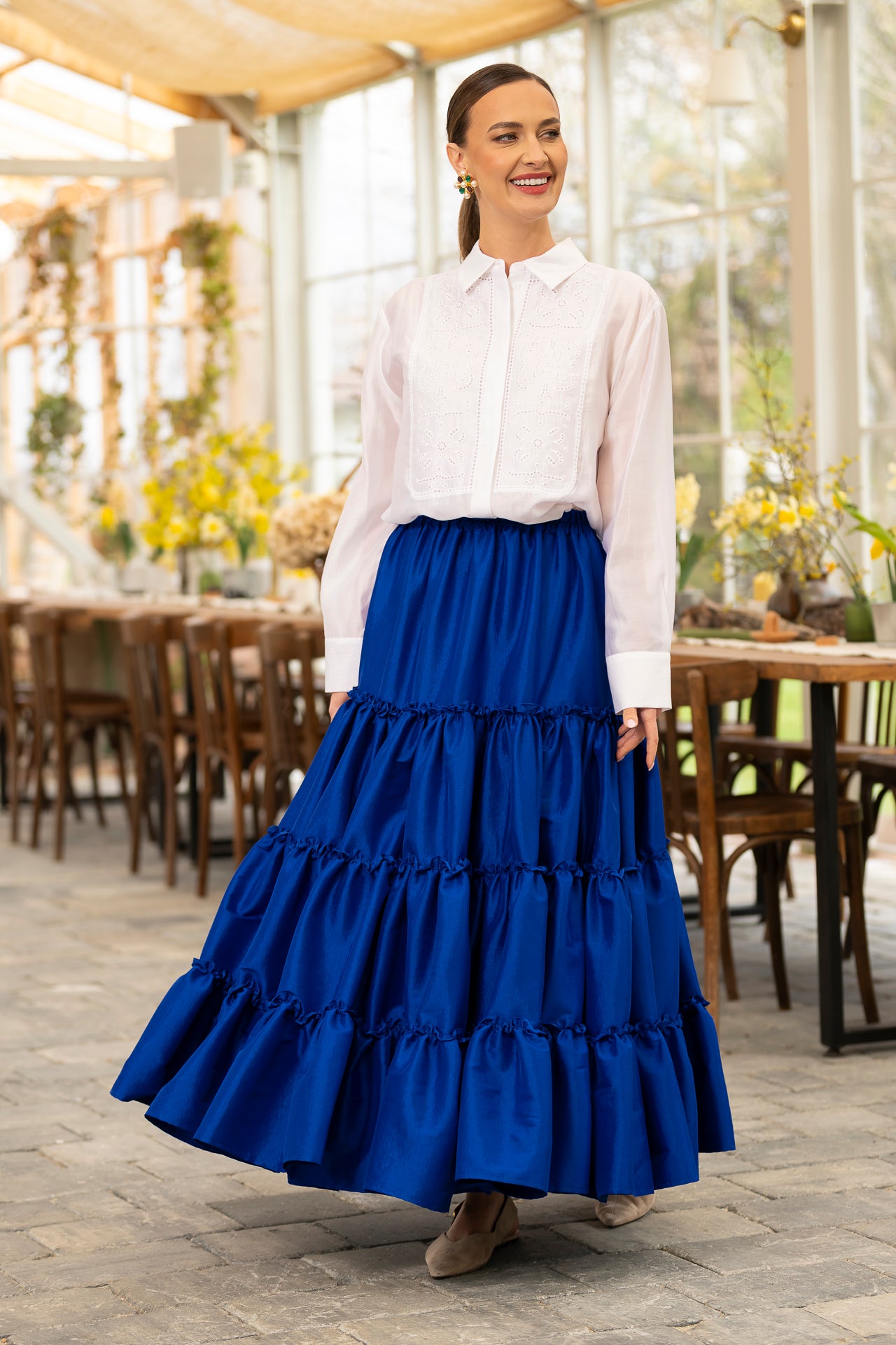 Fusta albastru royal boho din tafta cu volane