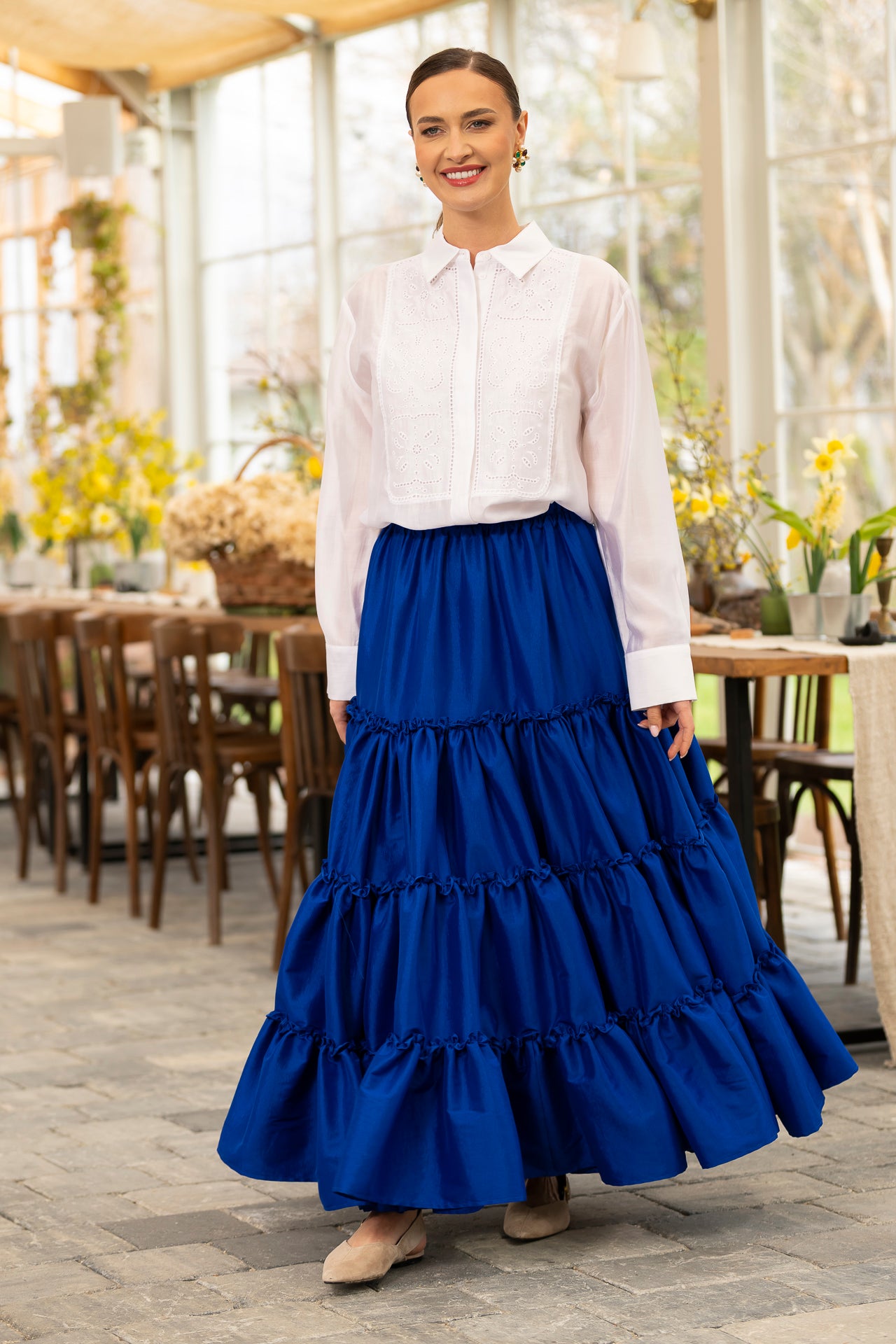 Fusta albastru royal boho din tafta cu volane