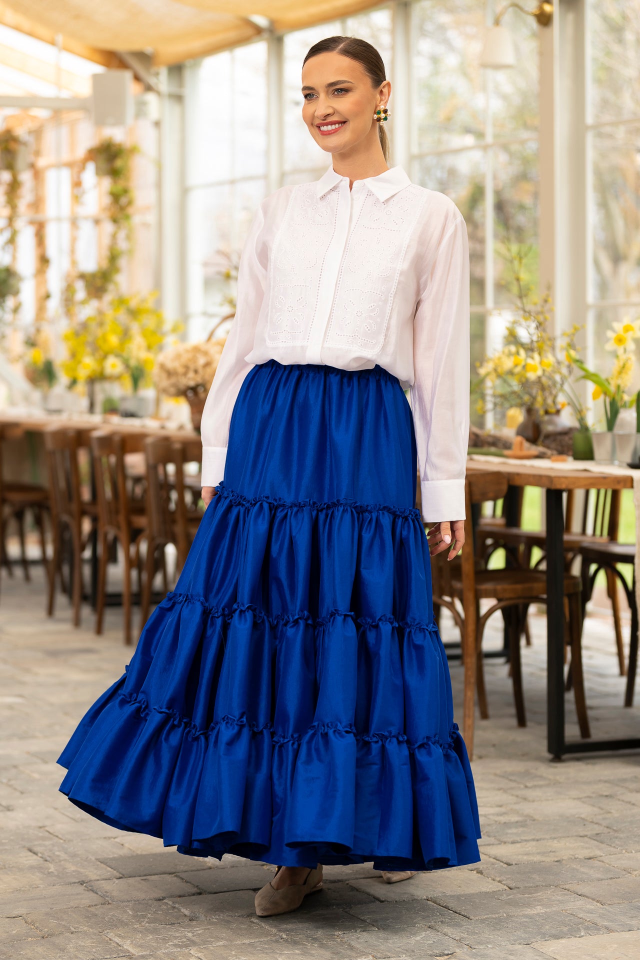 Fusta albastru royal boho din tafta cu volane