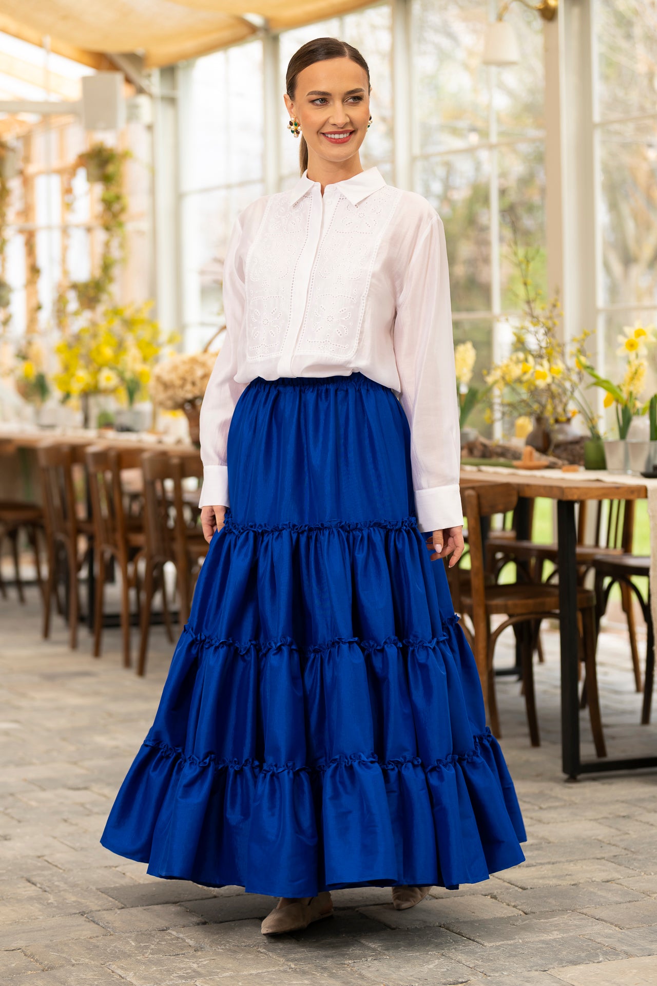 Fusta albastru royal boho din tafta cu volane