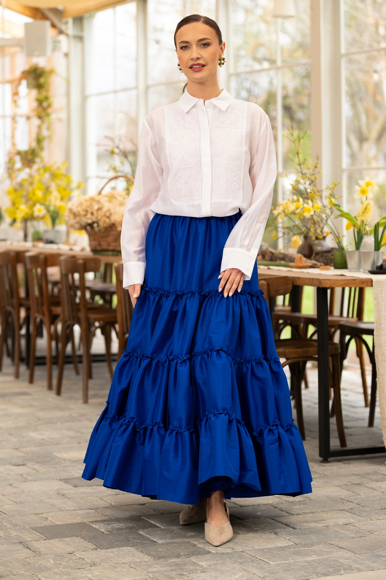 Fusta albastru royal boho din tafta cu volane