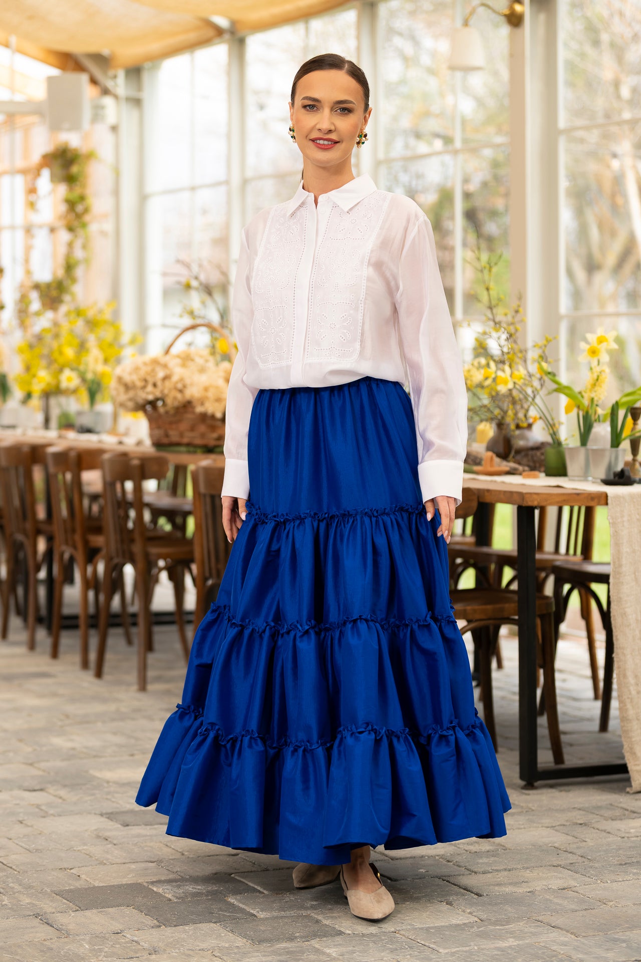 Fusta albastru royal boho din tafta cu volane