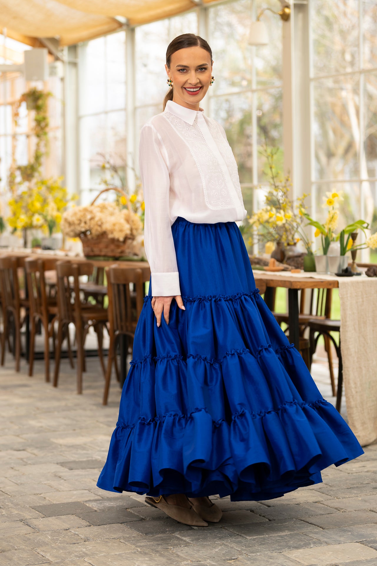 Fusta albastru royal boho din tafta cu volane