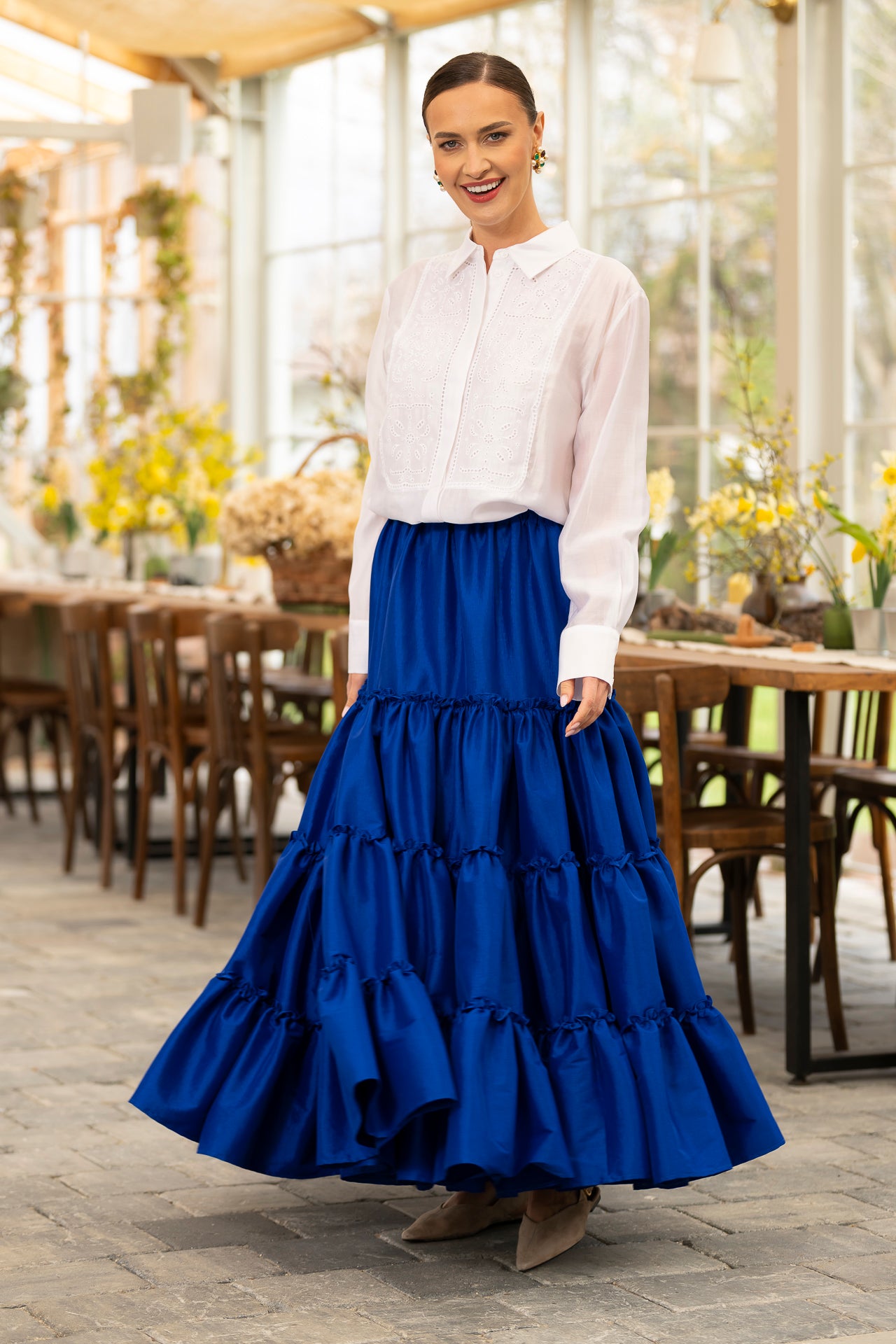 Fusta albastru royal boho din tafta cu volane