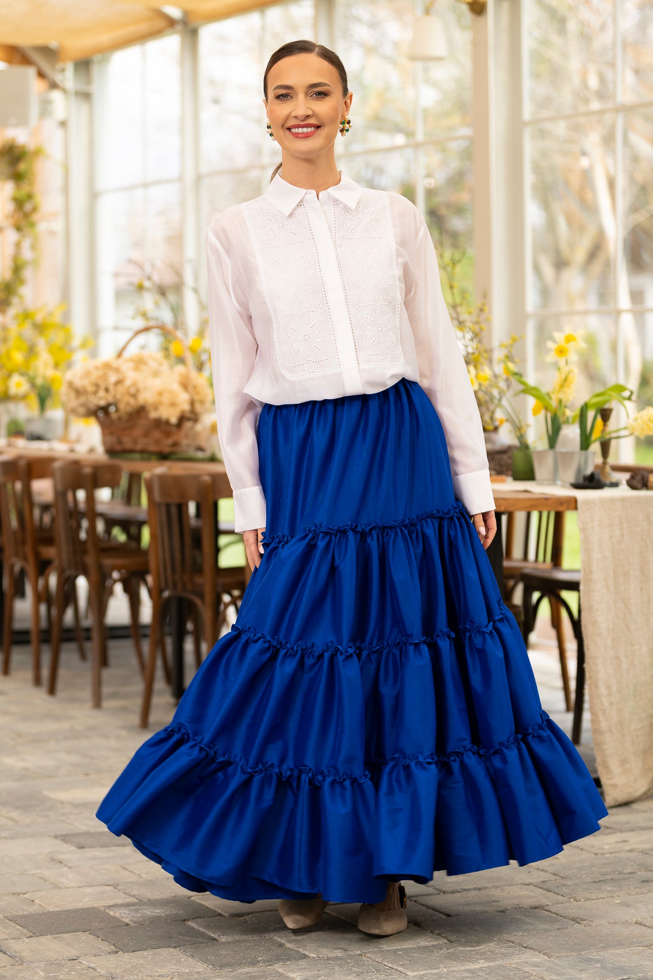 Fusta albastru royal boho din tafta cu volane