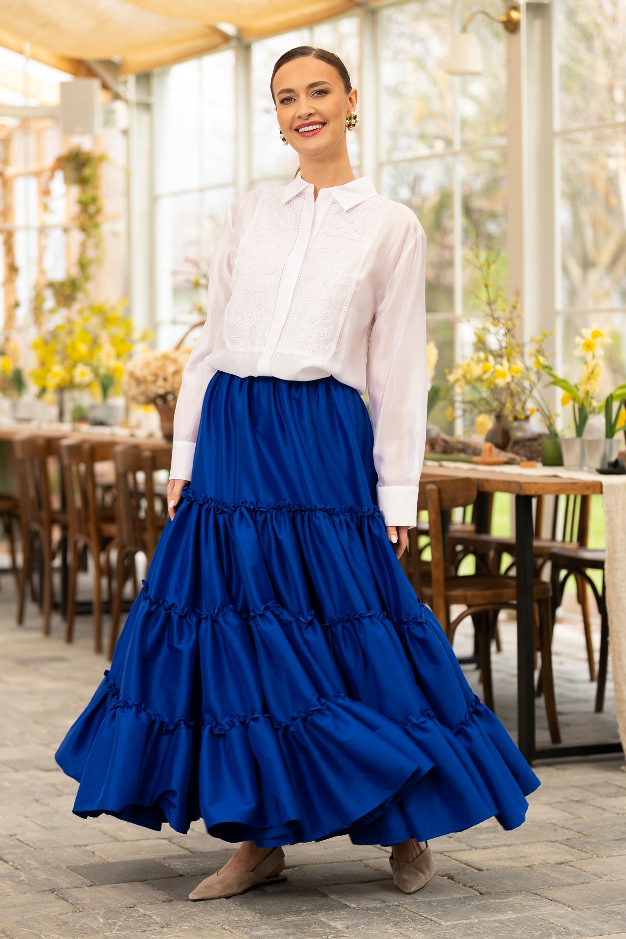 Fusta albastru royal boho din tafta cu volane