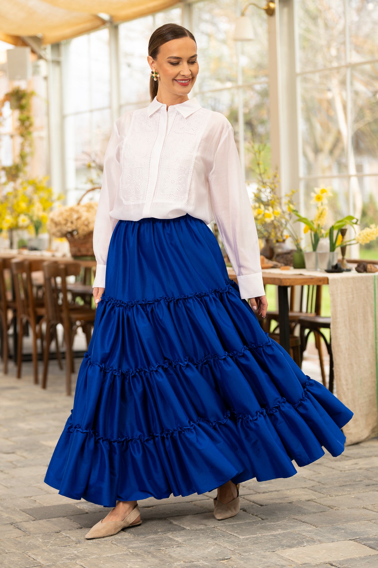 Fusta albastru royal boho din tafta cu volane