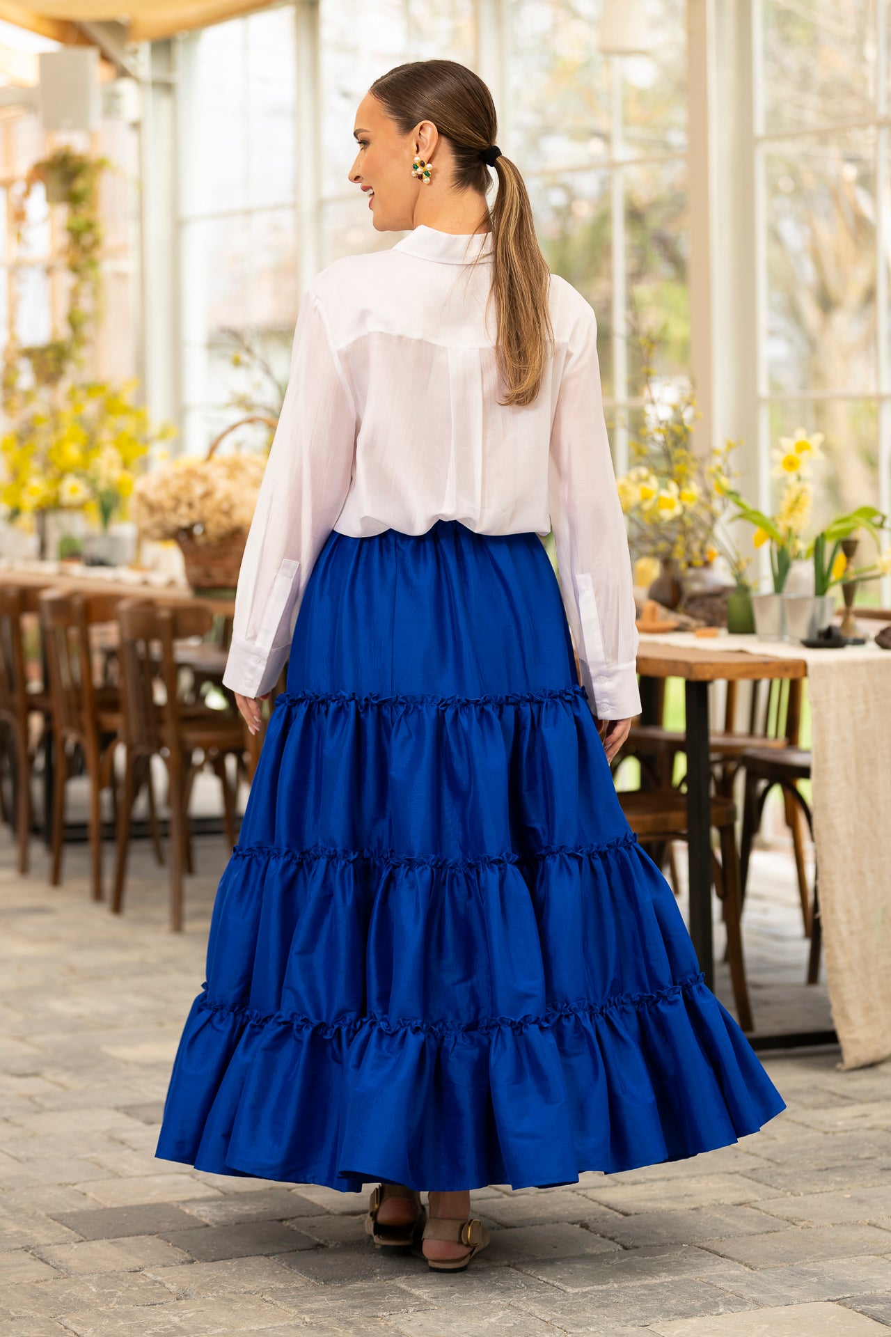 Fusta albastru royal boho din tafta cu volane