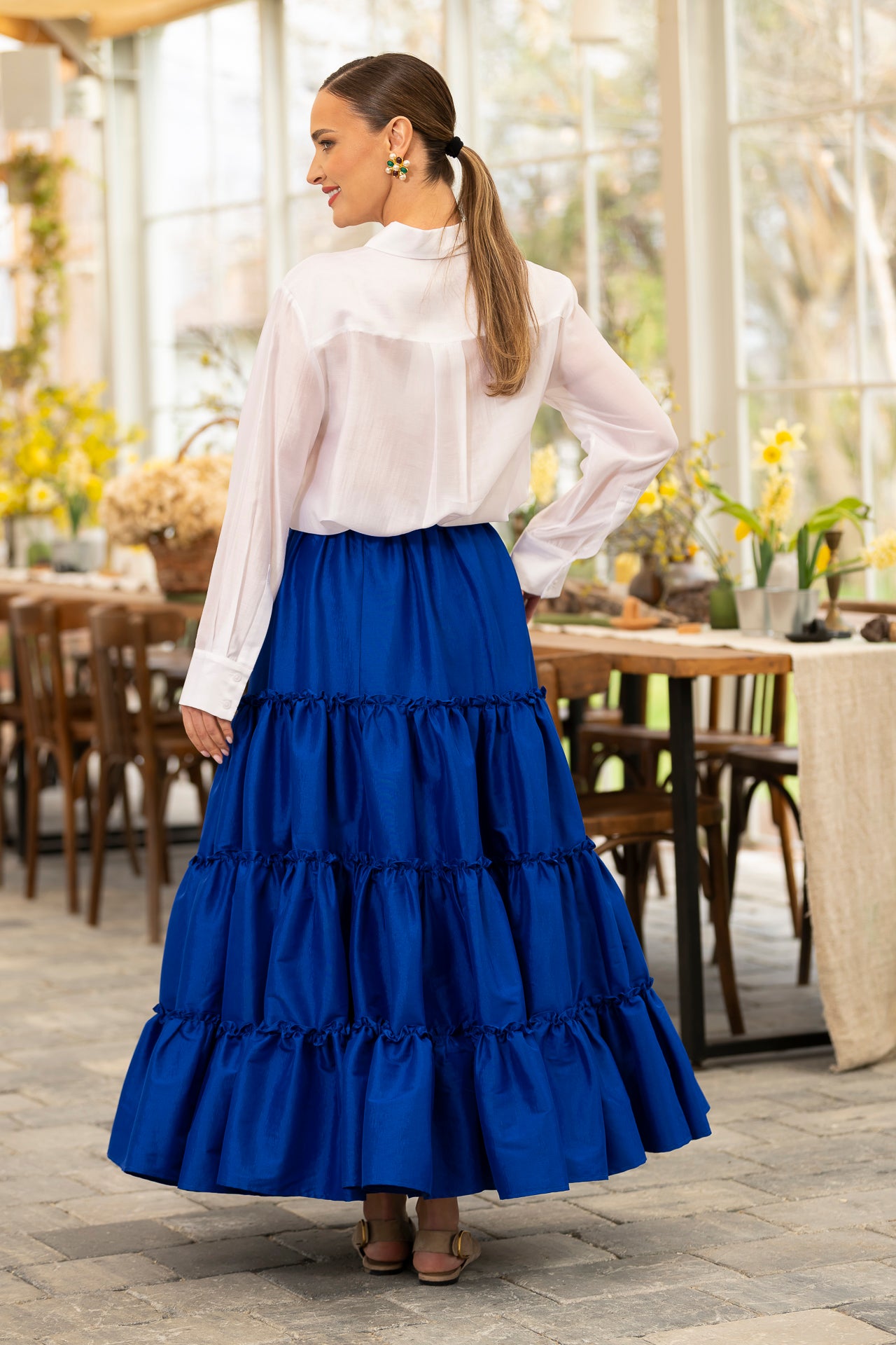 Fusta albastru royal boho din tafta cu volane