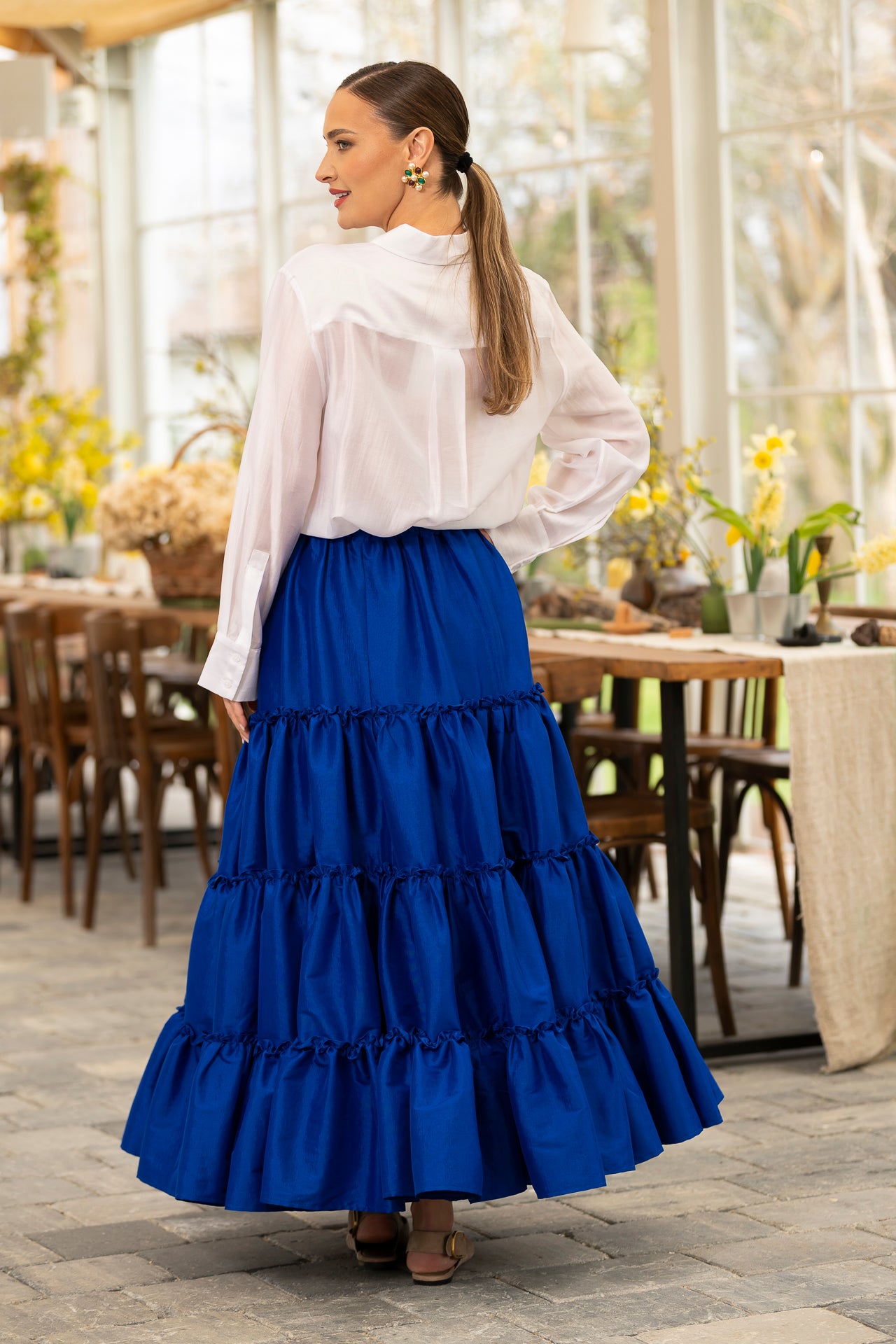 Fusta albastru royal boho din tafta cu volane