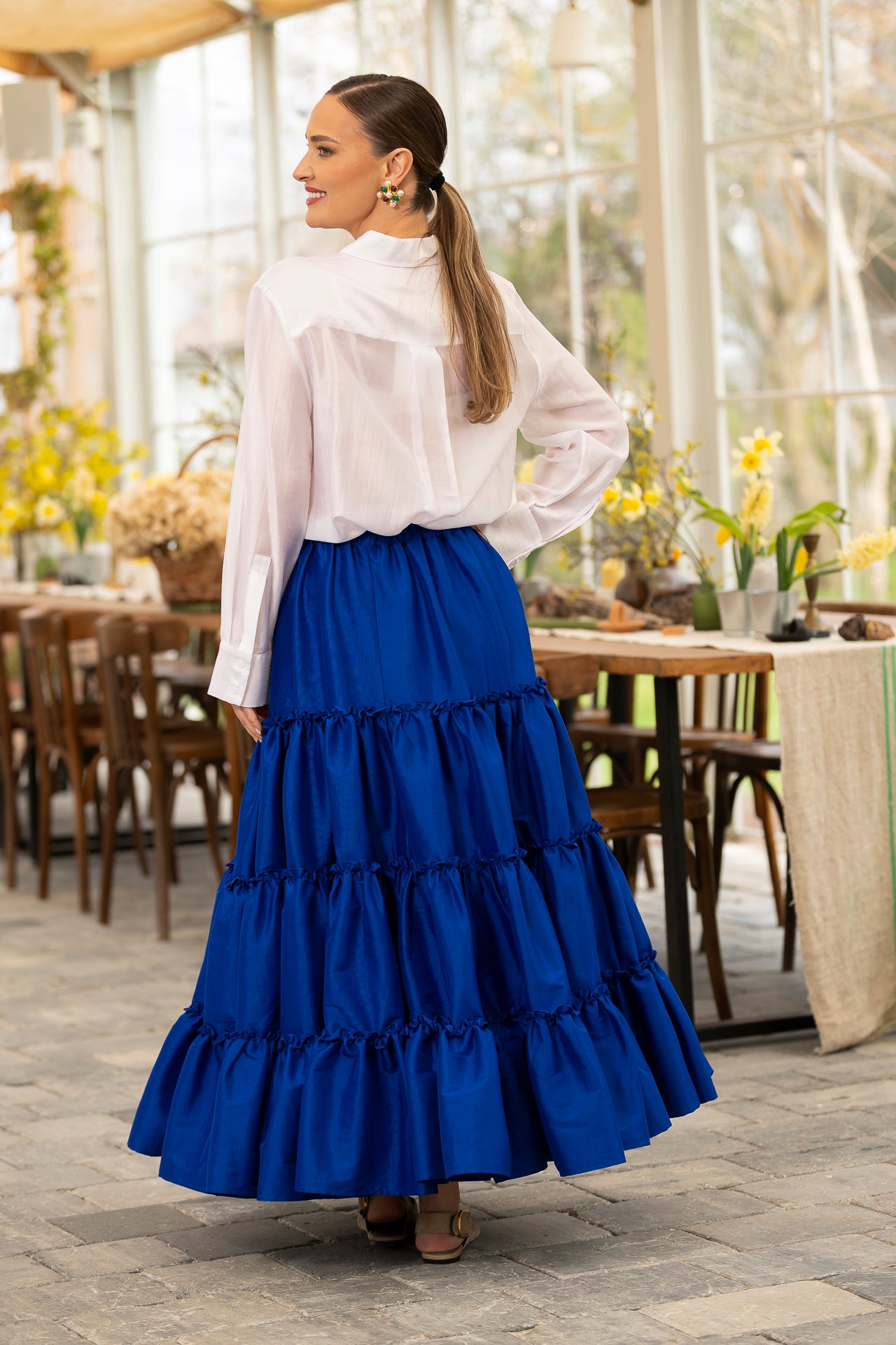 Fusta albastru royal boho din tafta cu volane