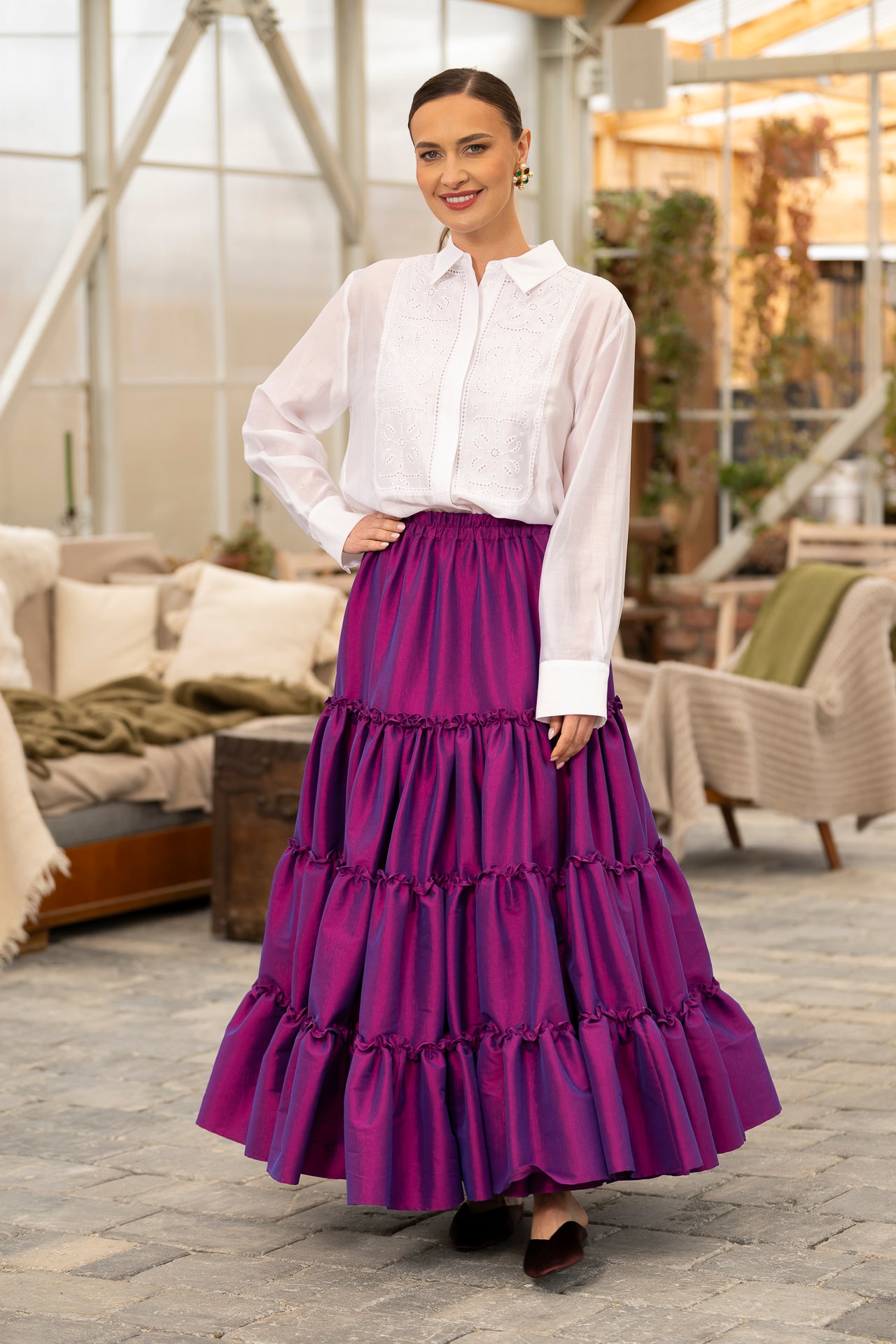 Fustă mov royal din tafta boho cu volane