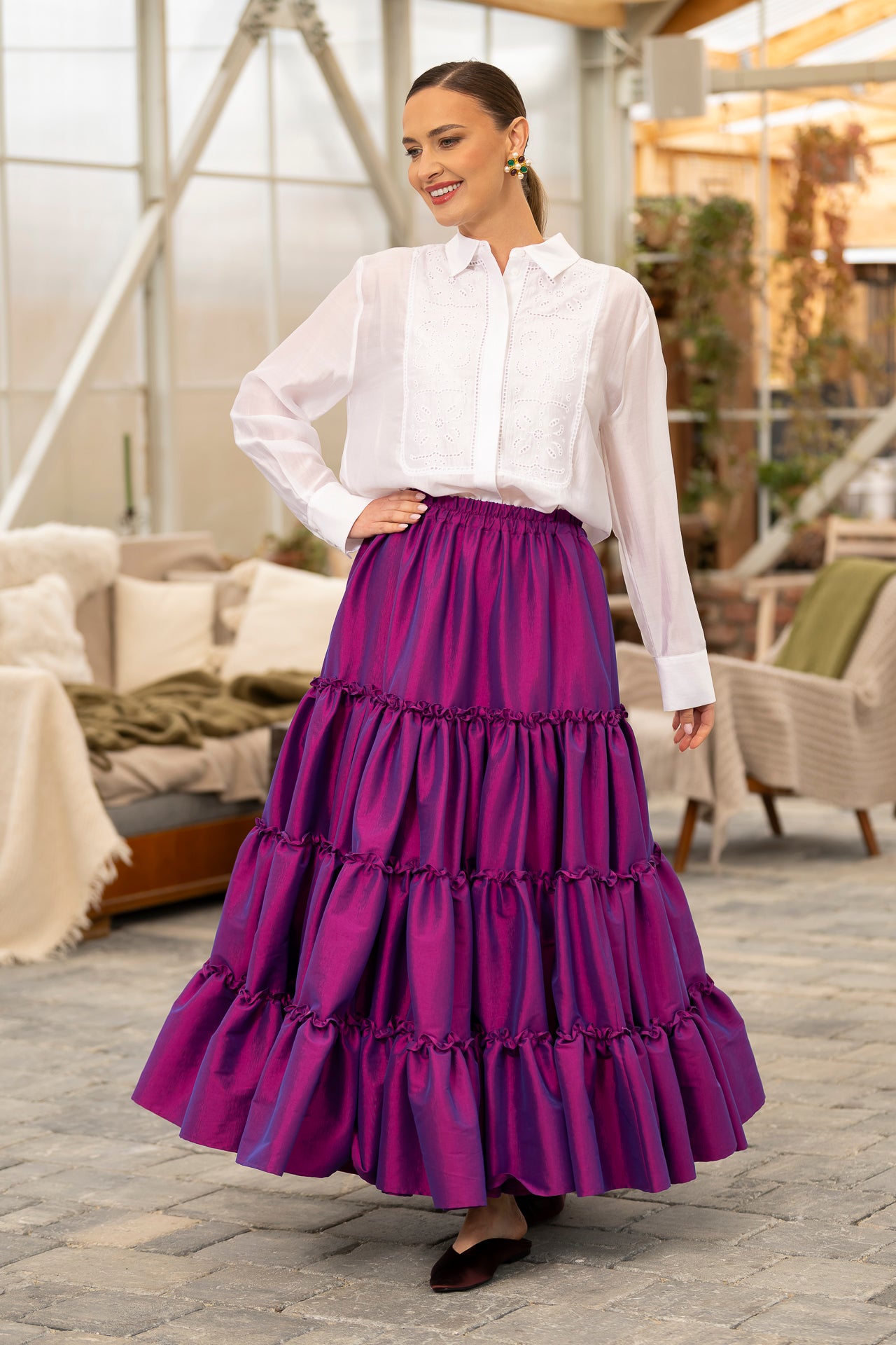 Fustă mov royal din tafta boho cu volane