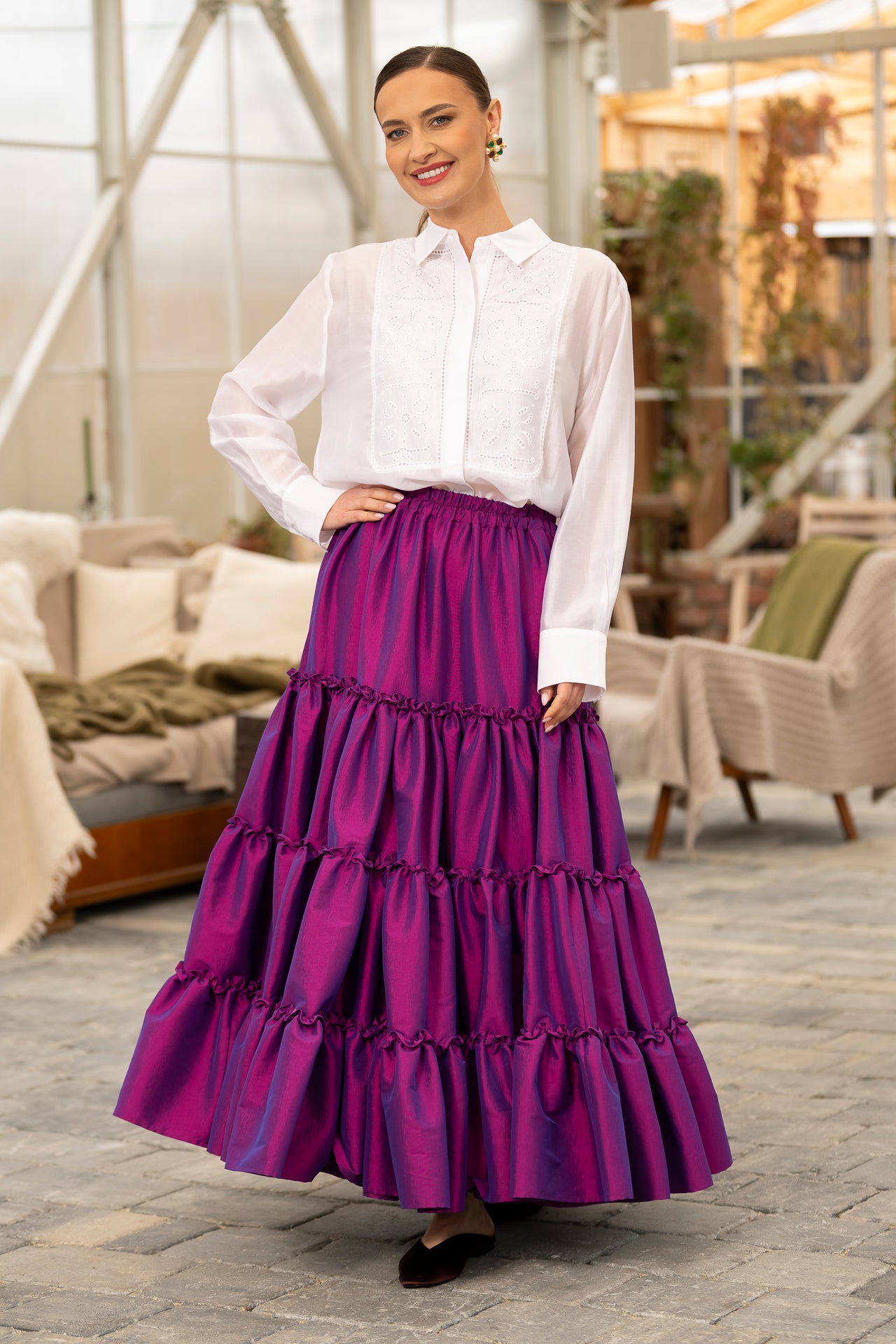 Fustă mov royal din tafta boho cu volane