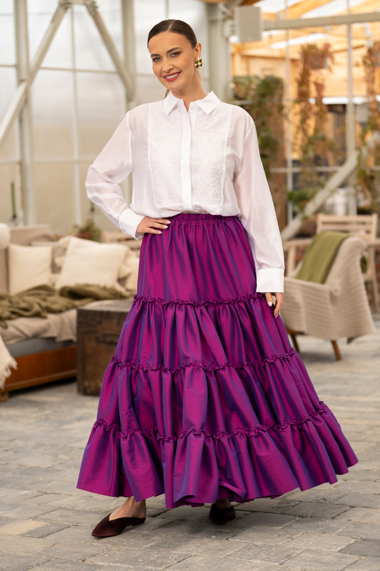 Fustă mov royal din tafta boho cu volane