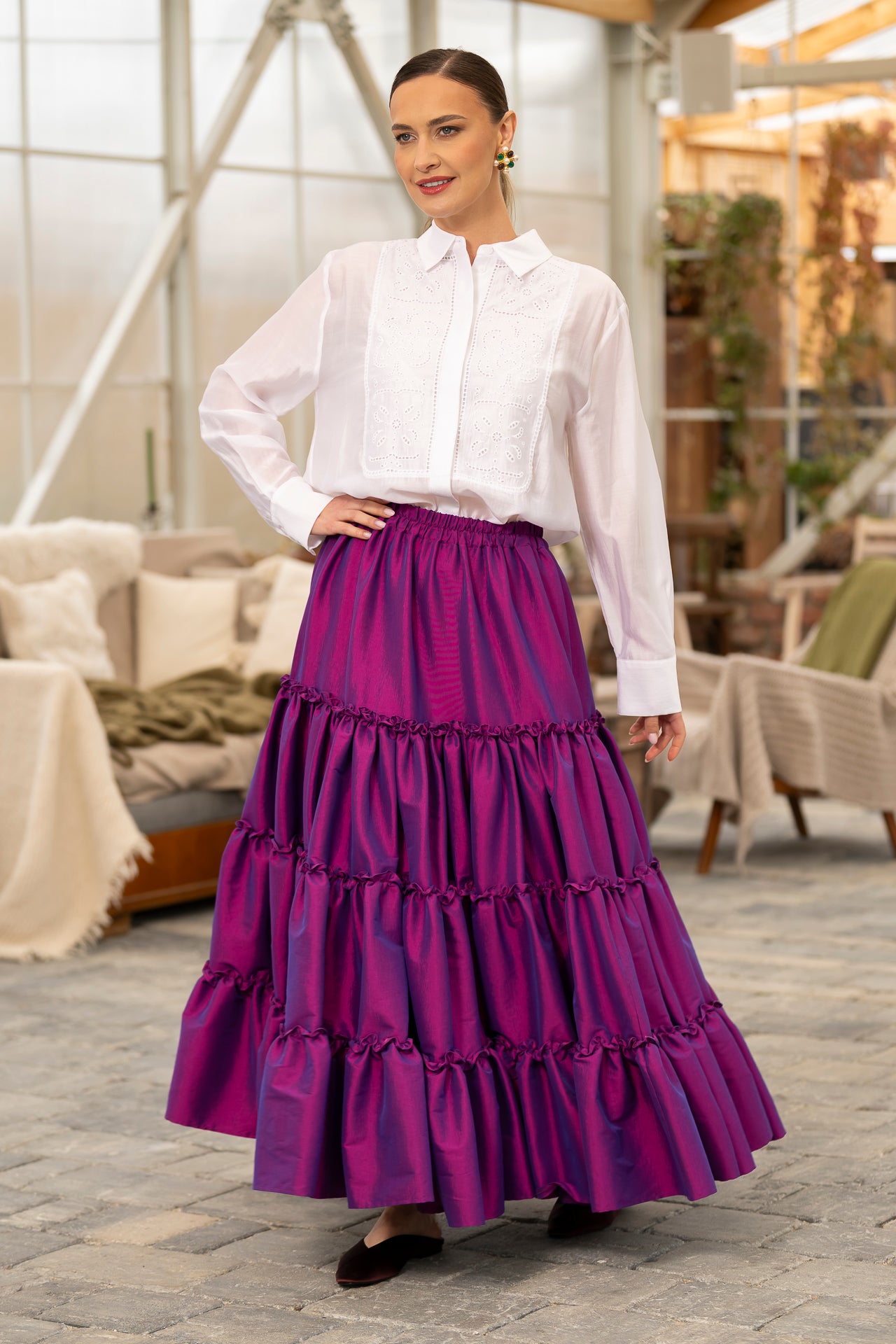 Fustă mov royal din tafta boho cu volane